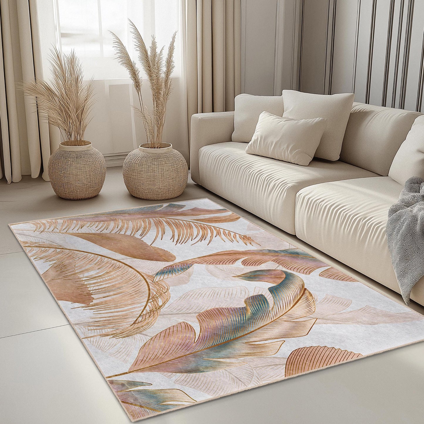 Rechteckiger Teppich mit tropischem Blättermuster | Eleganter Wohnzimmerteppich | Weiche, dekorative Fußmatte für Ihr Zuhause