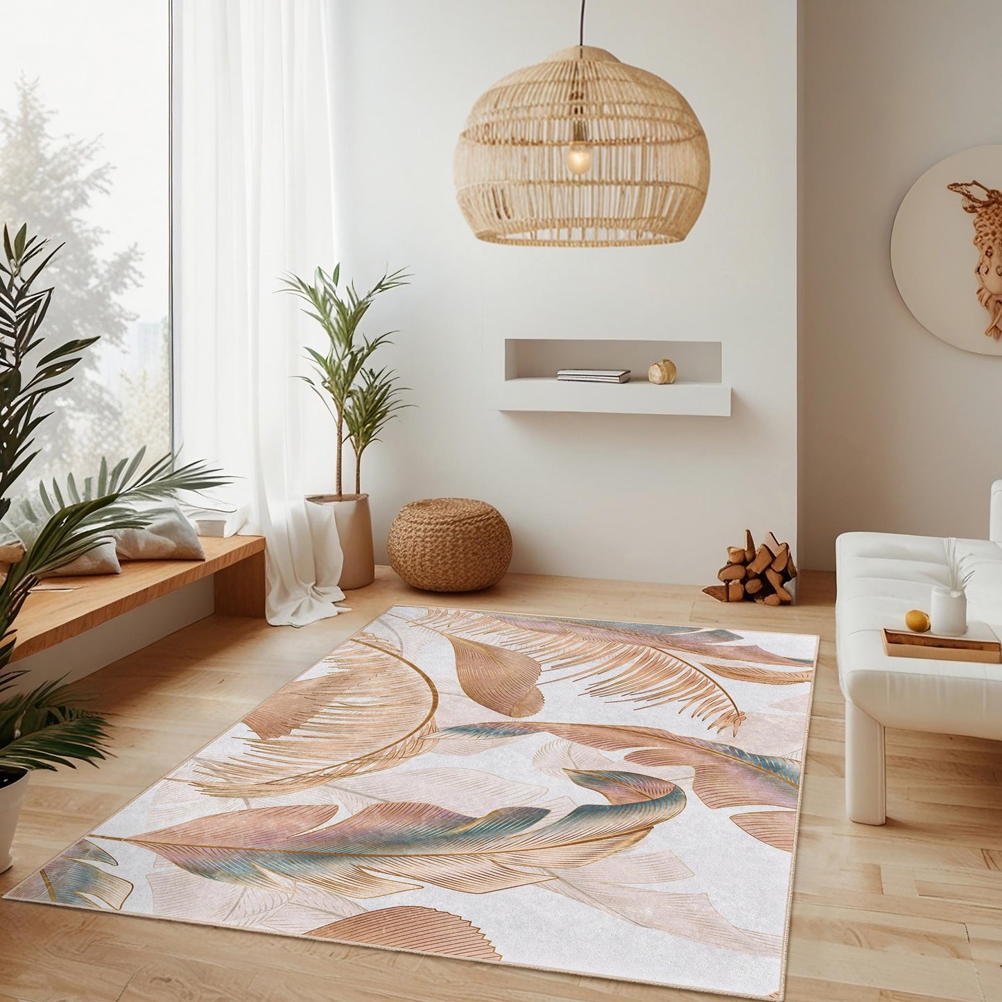 Rechteckiger Teppich mit tropischem Blättermuster | Eleganter Wohnzimmerteppich | Weiche, dekorative Fußmatte für Ihr Zuhause