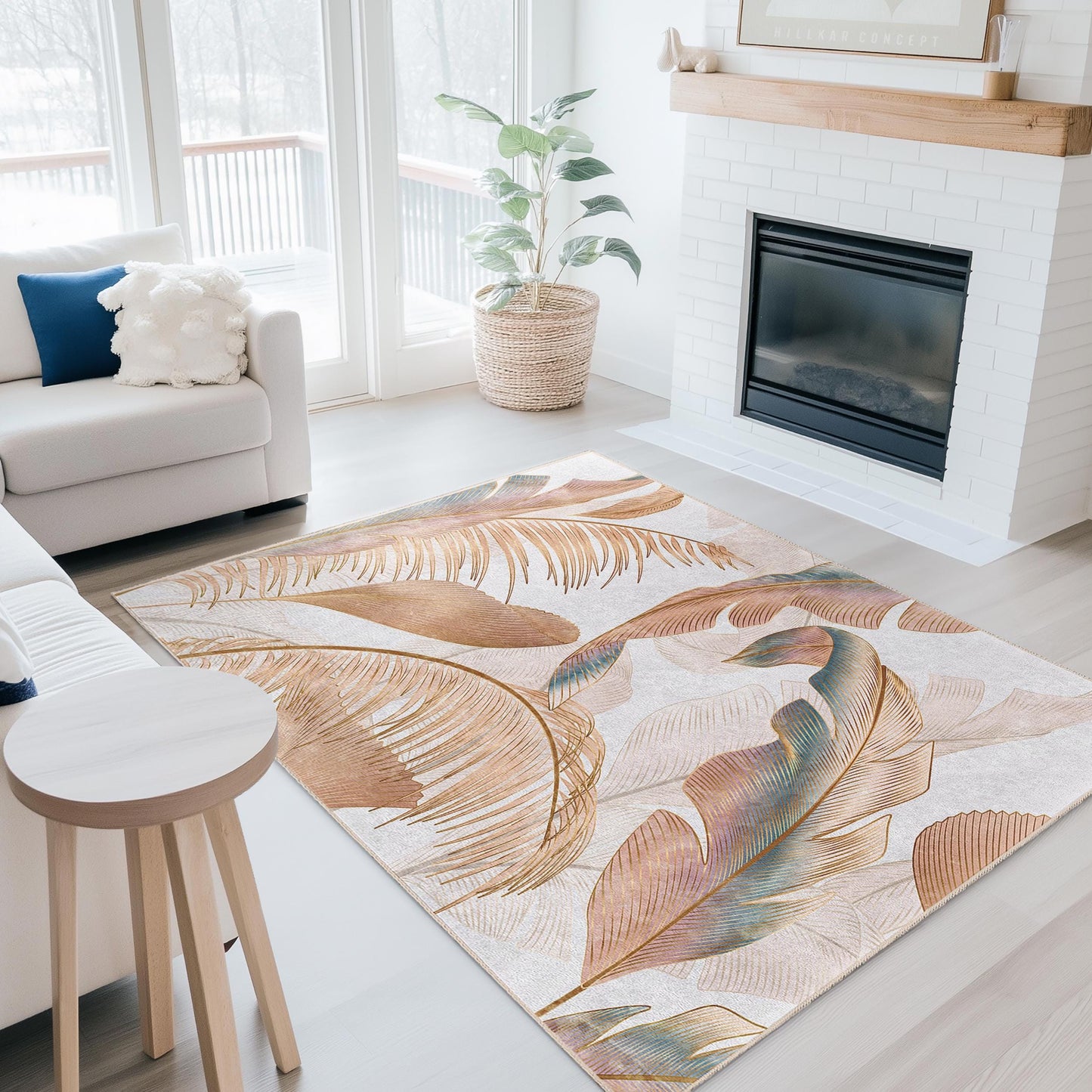Rechteckiger Teppich mit tropischem Blättermuster | Eleganter Wohnzimmerteppich | Weiche, dekorative Fußmatte für Ihr Zuhause
