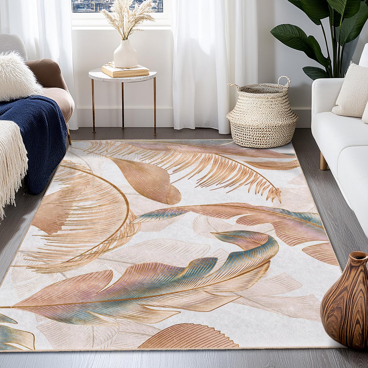 Rechteckiger Teppich mit tropischem Blättermuster | Eleganter Wohnzimmerteppich | Weiche, dekorative Fußmatte für Ihr Zuhause