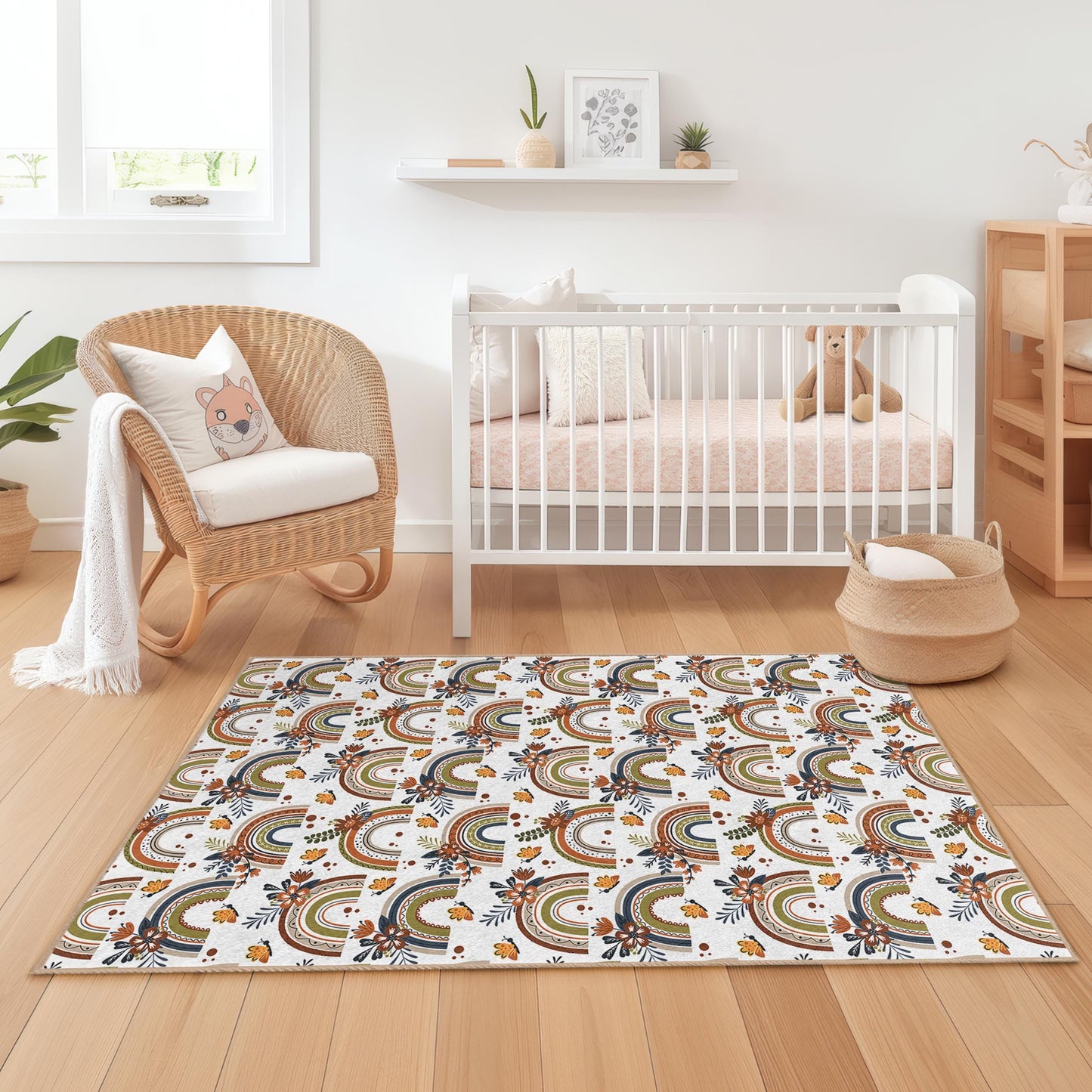 Regenbogenfarbener Blumenteppich für Kinder: Weicher Teppich für Spielzimmer und Kinderzimmer