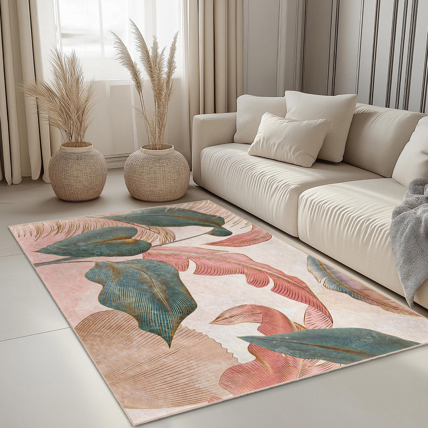 Eleganter rechteckiger Teppich mit tropischem Blättermuster | Dekorativer Wohnzimmerteppich | Weiche Baumwolle | Stilvoller Teppich mit Blätterprint