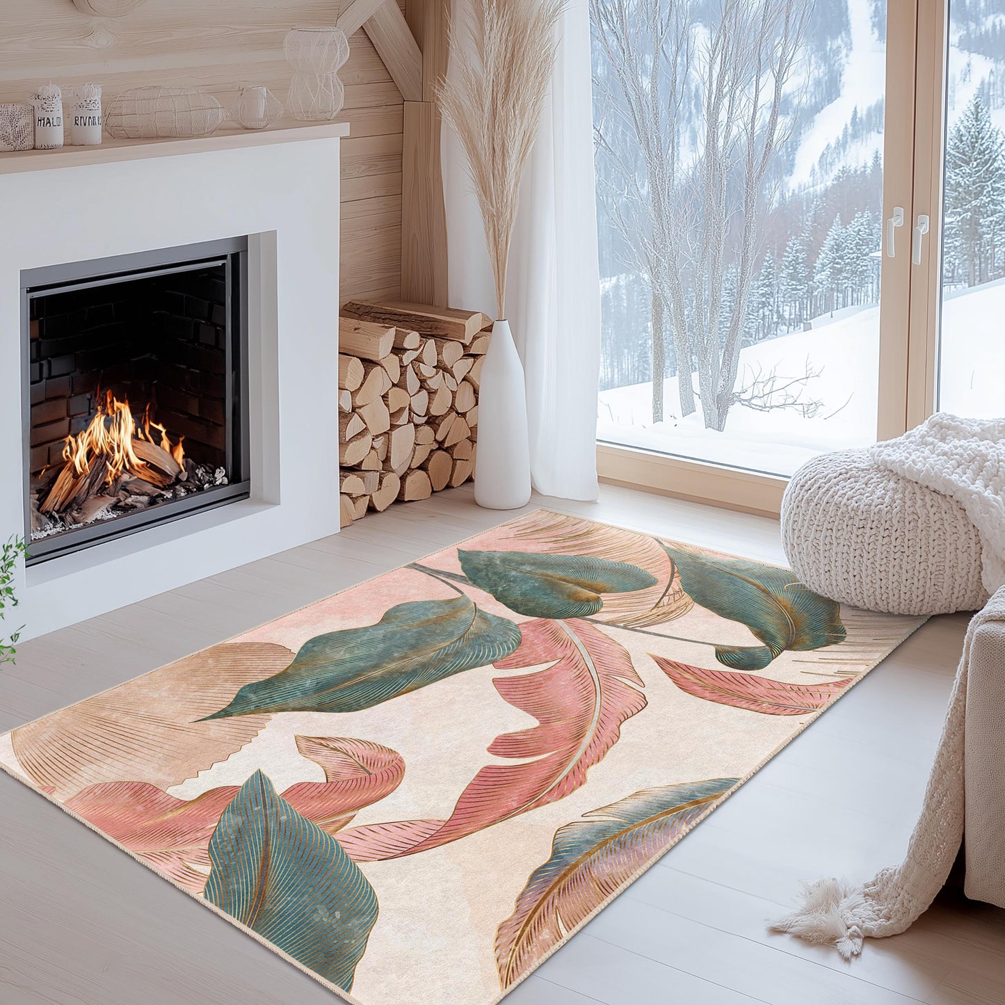 Eleganter rechteckiger Teppich mit tropischem Blättermuster | Dekorativer Wohnzimmerteppich | Weiche Baumwolle | Stilvoller Teppich mit Blätterprint