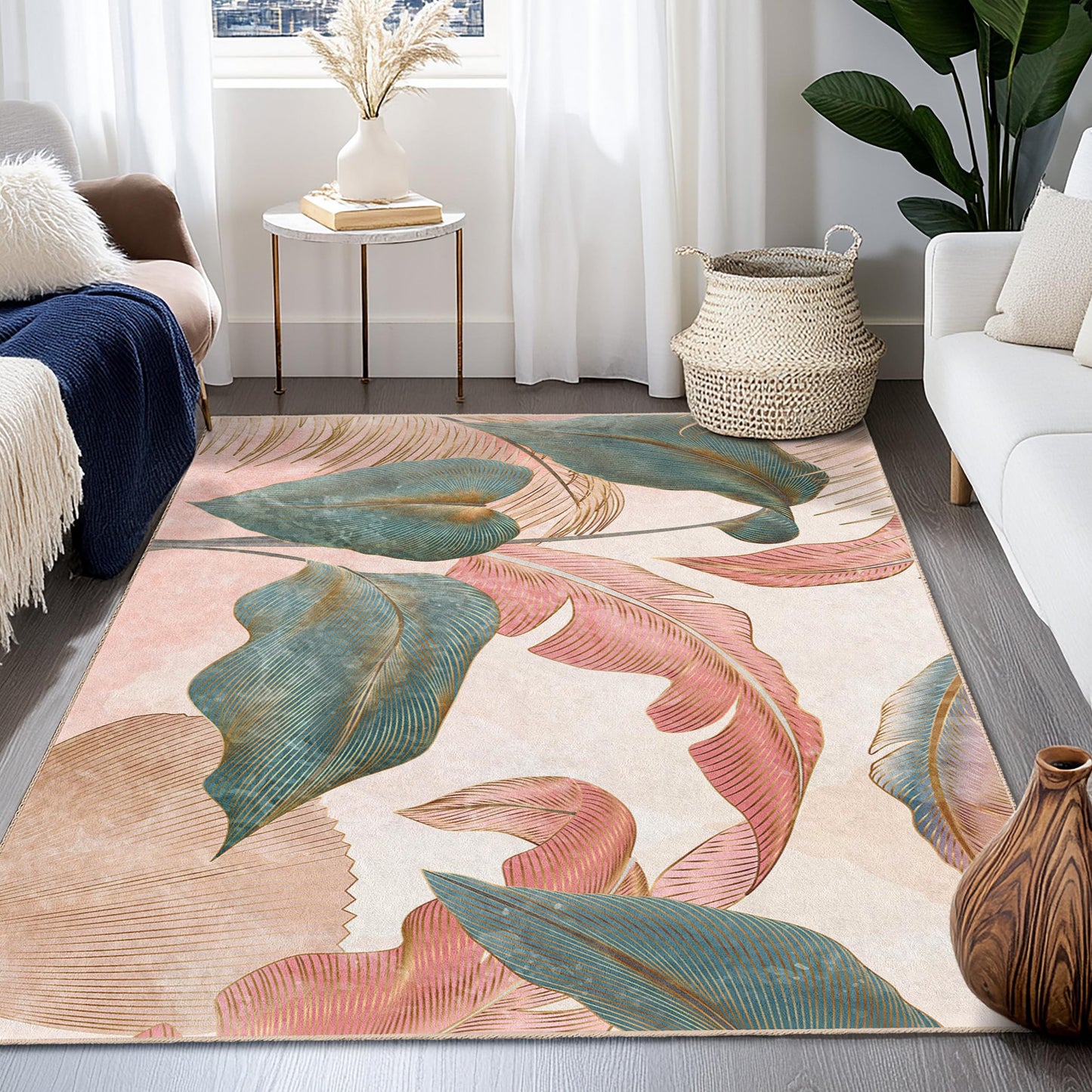 Eleganter rechteckiger Teppich mit tropischem Blättermuster | Dekorativer Wohnzimmerteppich | Weiche Baumwolle | Stilvoller Teppich mit Blätterprint