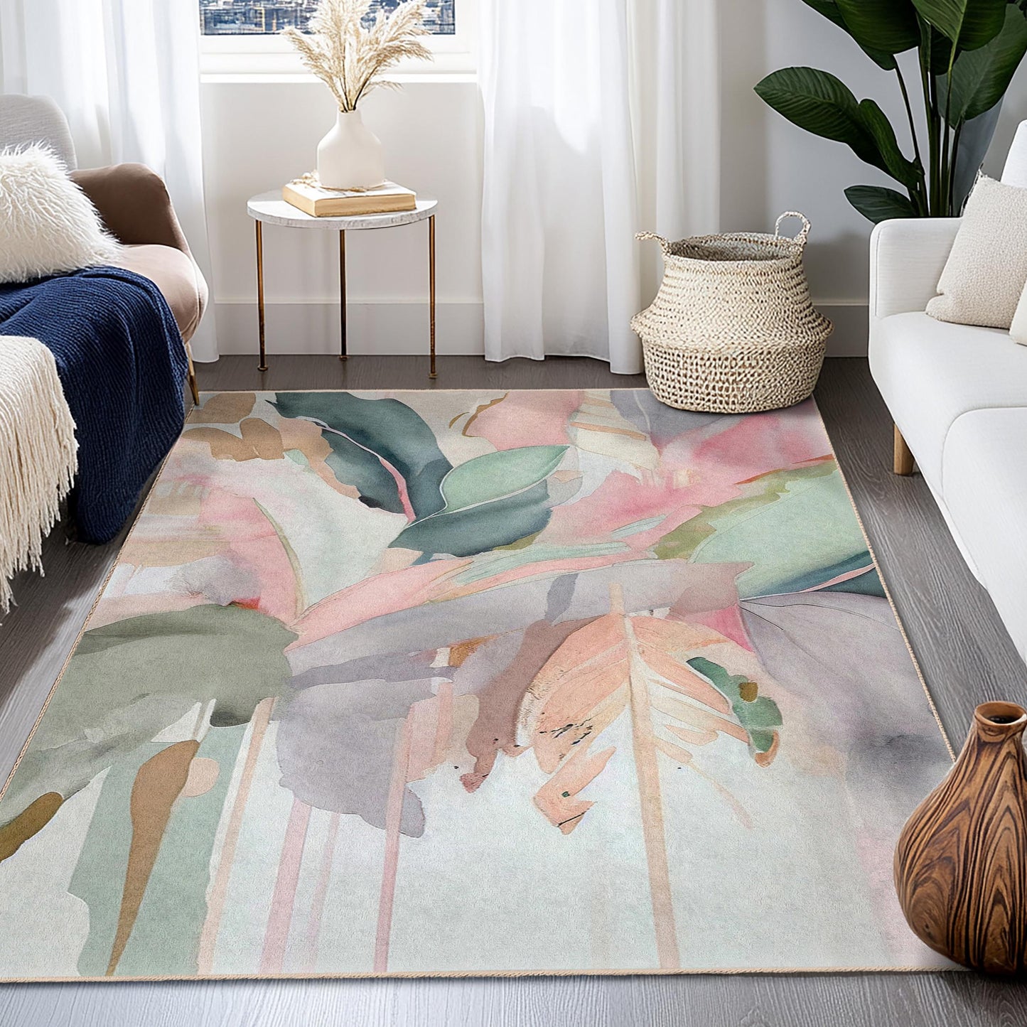 Eleganter rechteckiger Teppich mit floralem Muster | Weicher Baumwollteppich für das Wohnzimmer | Stilvolle Wohndekoration mit Blattmotiv