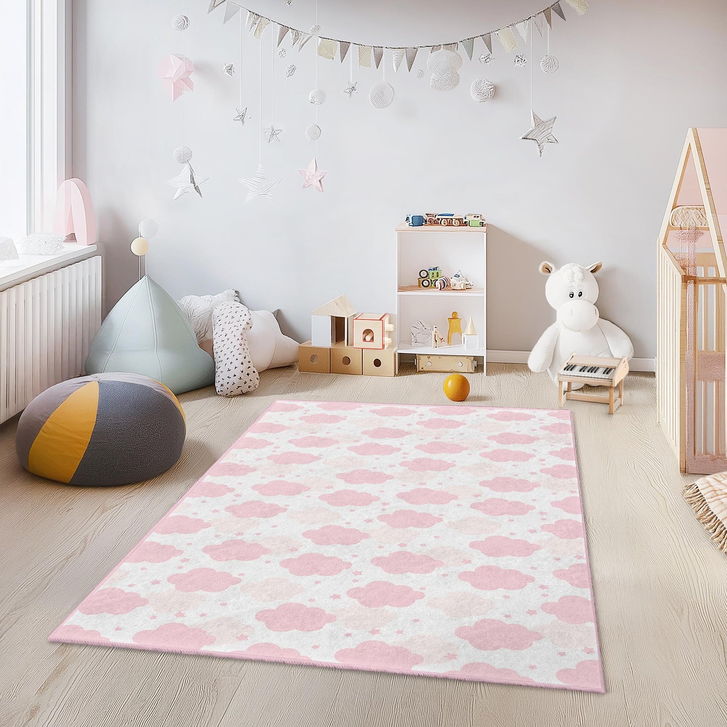 Zartrosa Wolken-Kinderteppich: Teppich für Kinderzimmer und Spielzimmer