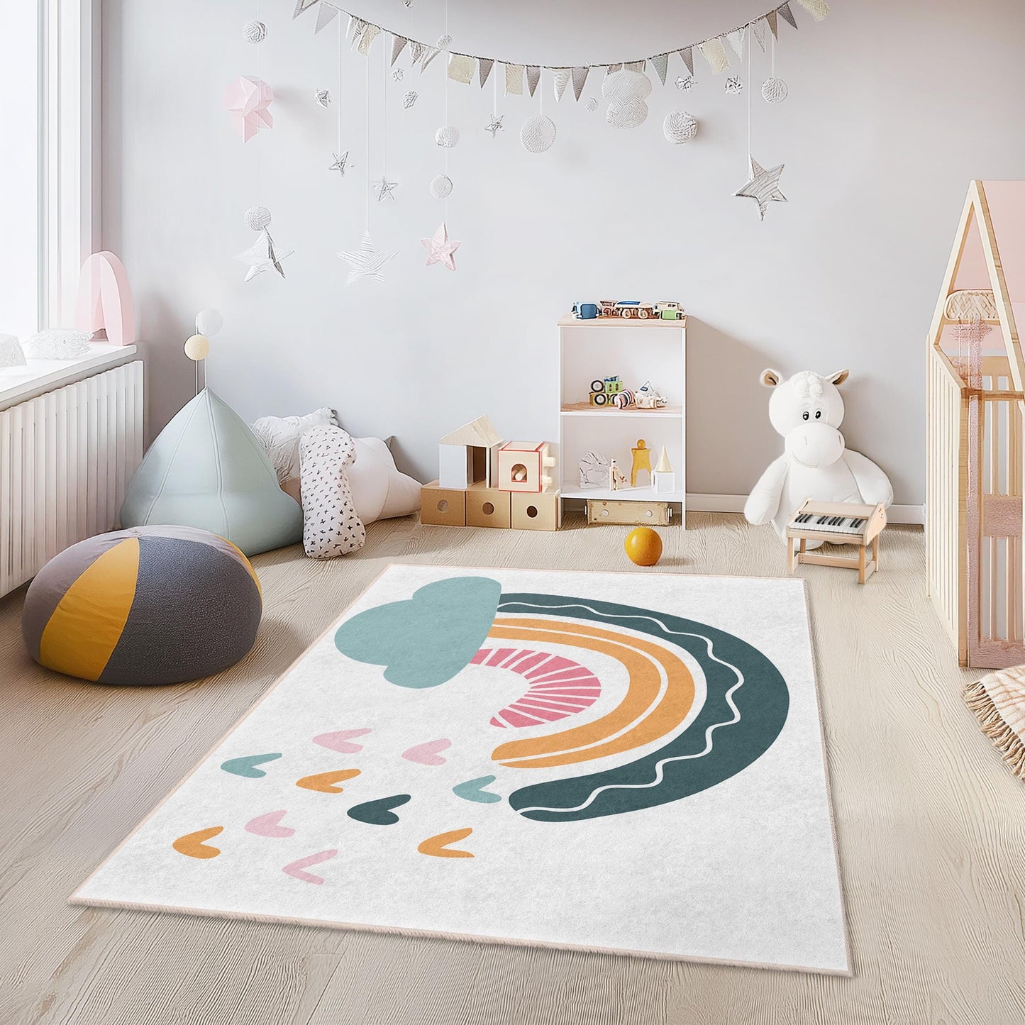 Regenbogenwolken-Kinderteppich: Bunter Teppich für Kinderzimmer und Spielzimmer