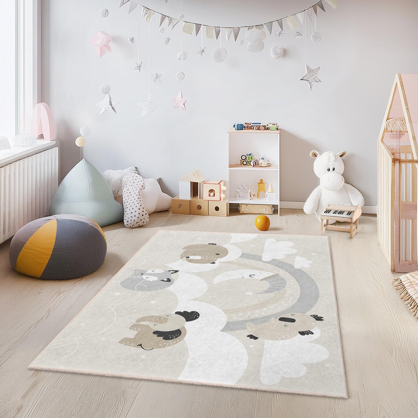 Rechteckiger Teppich mit niedlichem Tiermotiv, weicher Kinderzimmerteppich, Kinderzimmerdekoration, Spielzimmermatte, bezauberndes Tierdesign, Teppich für Kleinkinderzimmer