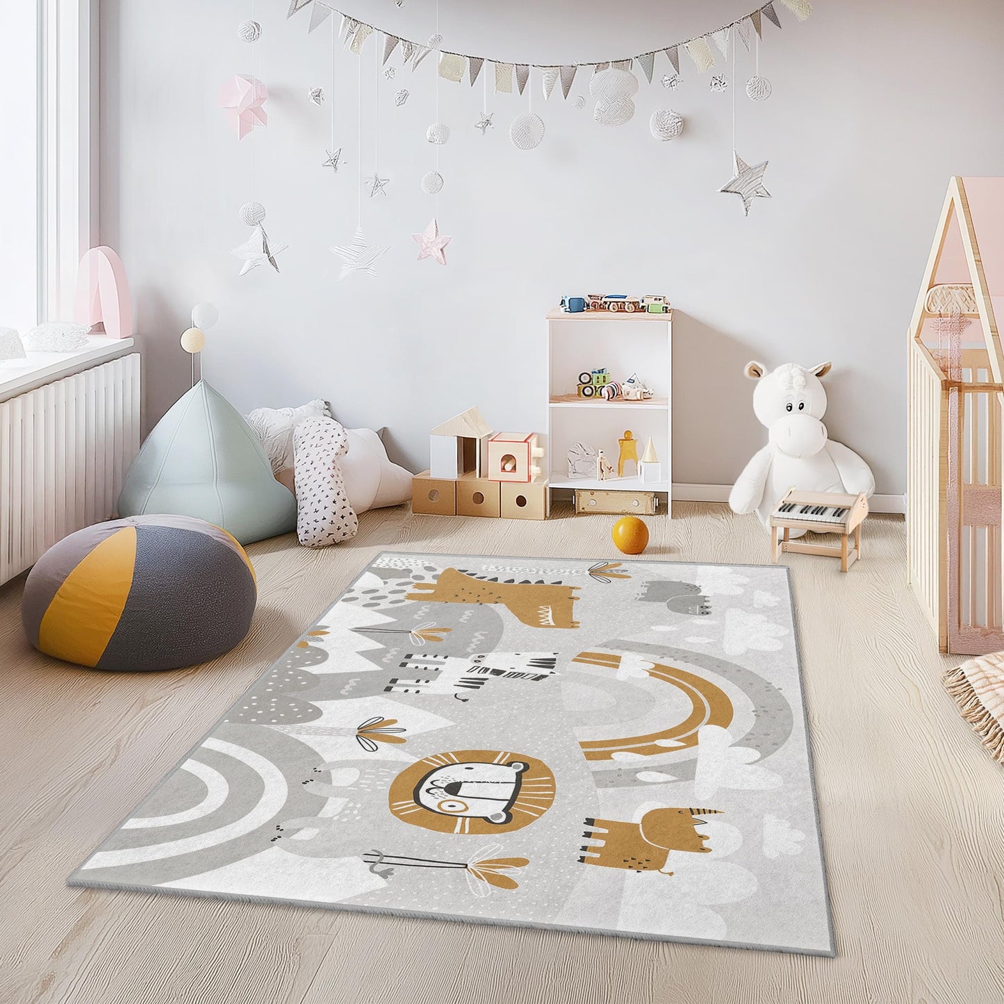 Safari-Abenteuer-Kinderteppich: Tiermotiv fürs Spielzimmer, weich und sicher