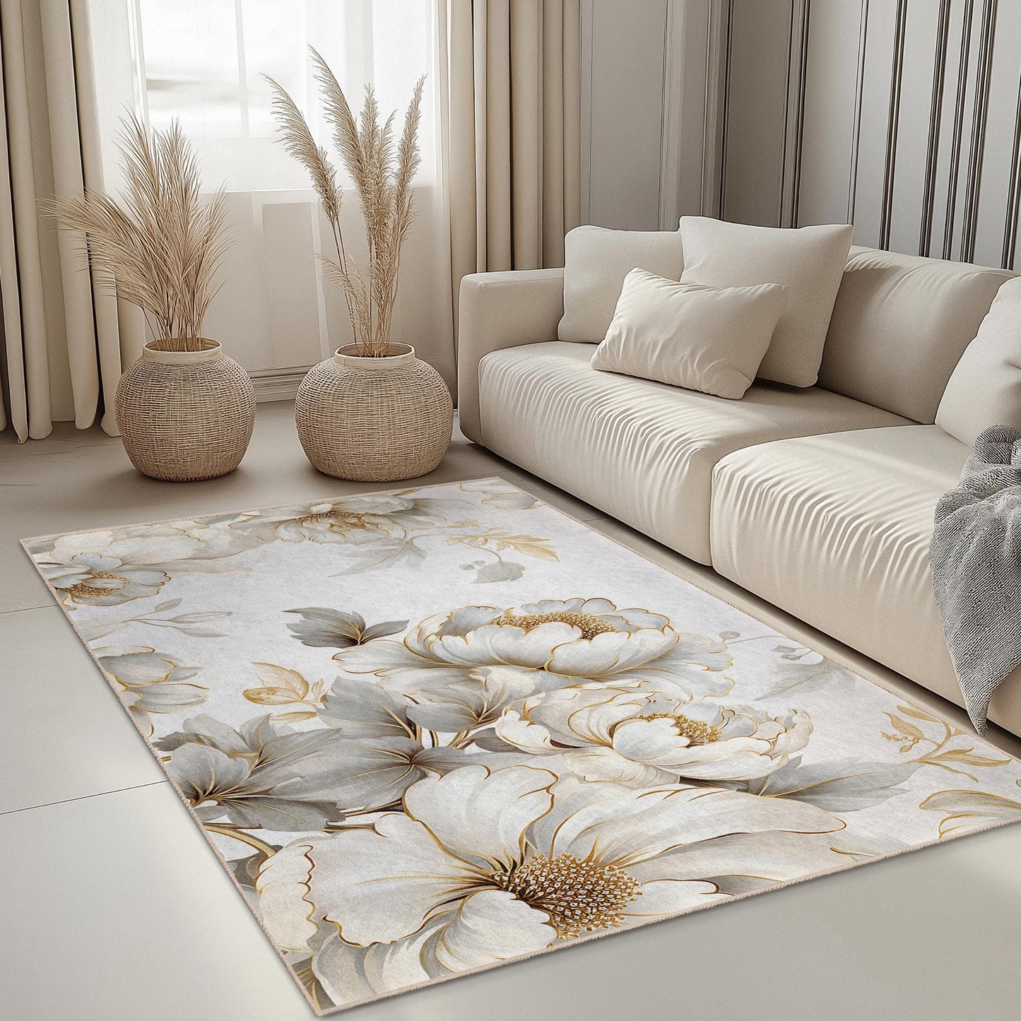 Eleganter rechteckiger Teppich mit floralem Muster | Weicher Baumwollteppich fürs Wohnzimmer | Luxuriöse Wohnaccessoires | Maschinenwaschbar