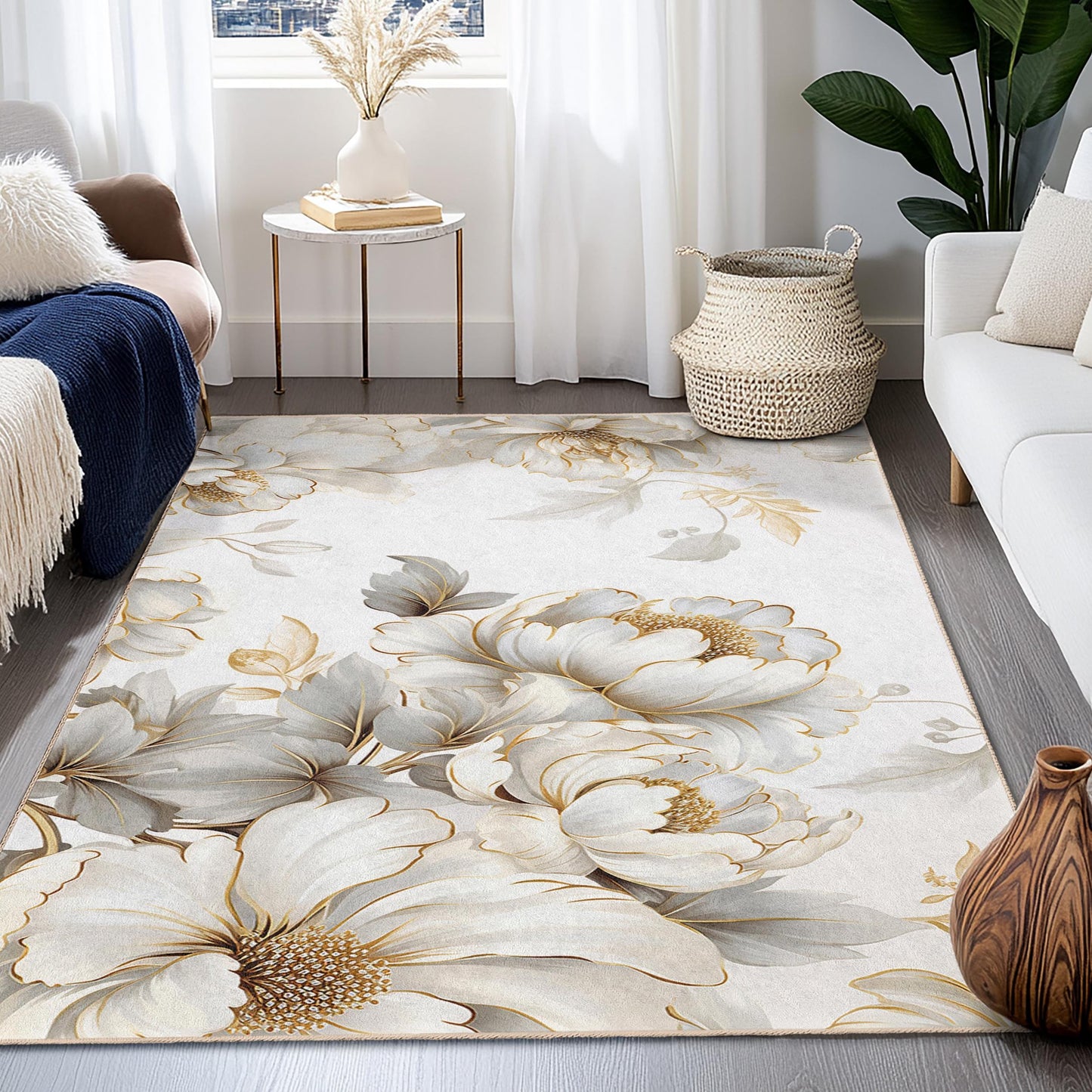 Eleganter rechteckiger Teppich mit floralem Muster | Weicher Baumwollteppich fürs Wohnzimmer | Luxuriöse Wohnaccessoires | Maschinenwaschbar