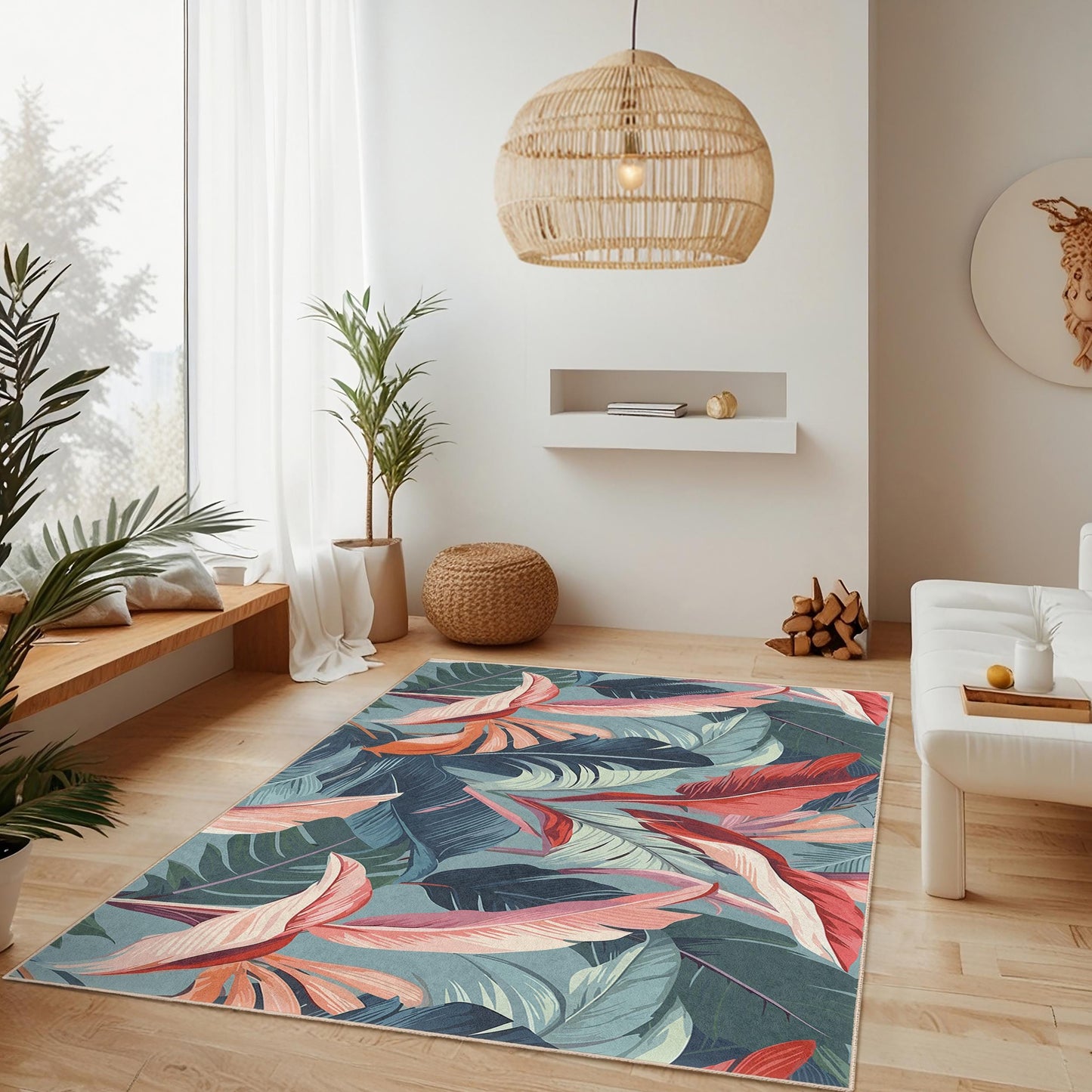 Rechteckiger Teppich mit tropischem Blättermuster | Moderner Blumenteppich | Wohnzimmerteppich im Boho-Stil | Dekorativer Bodenbelag für den Innenbereich