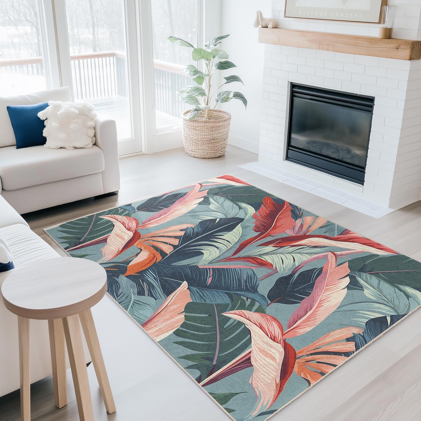 Rechteckiger Teppich mit tropischem Blättermuster | Moderner Blumenteppich | Wohnzimmerteppich im Boho-Stil | Dekorativer Bodenbelag für den Innenbereich
