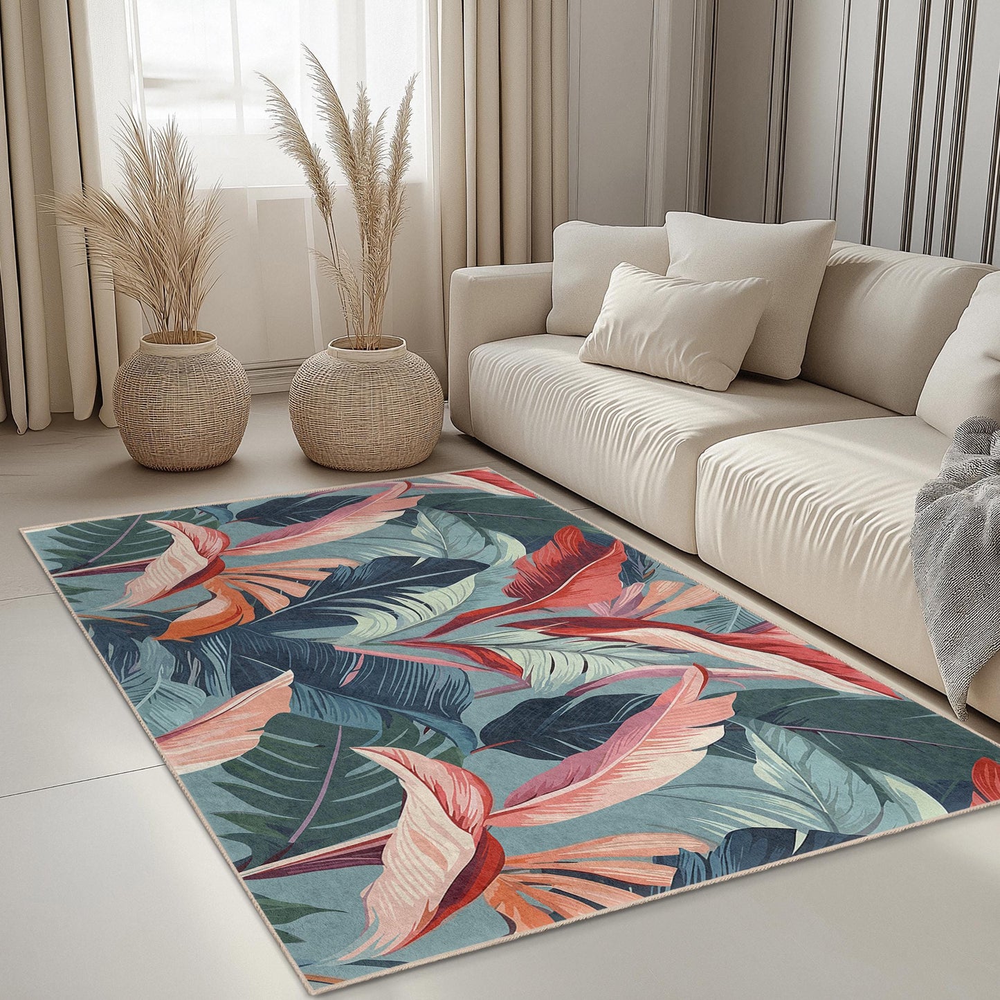 Rechteckiger Teppich mit tropischem Blättermuster | Moderner Blumenteppich | Wohnzimmerteppich im Boho-Stil | Dekorativer Bodenbelag für den Innenbereich