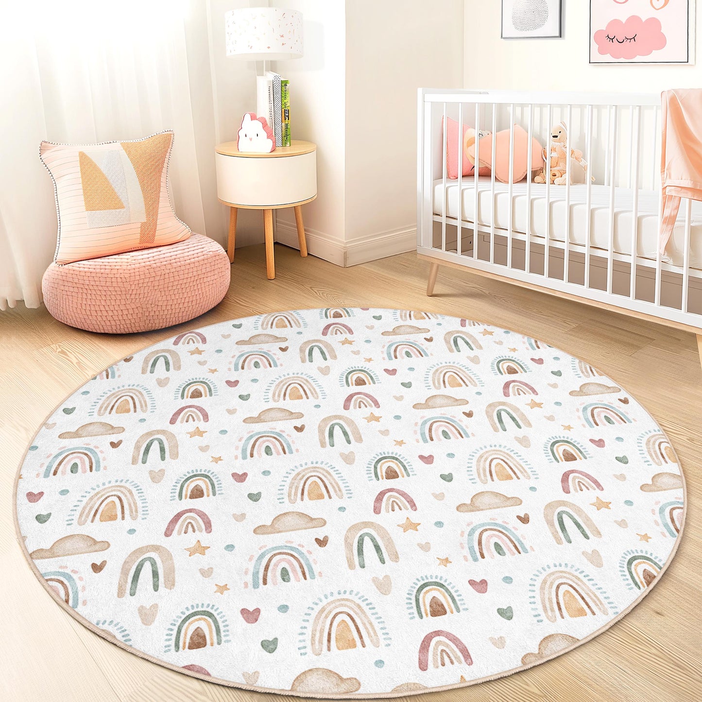 Rainbow Cloud Kids Round Rug: Playroom Nursery Decor