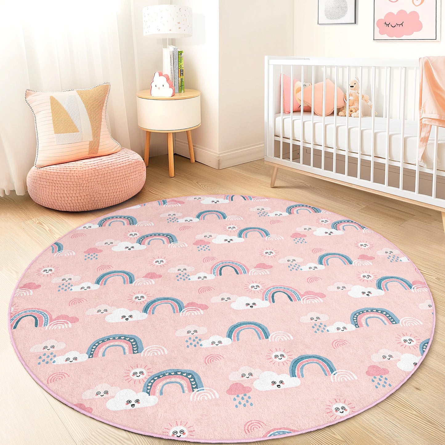 Rainbow Cloud Kids Rug: Soft Pink Nursery Playroom Carpet