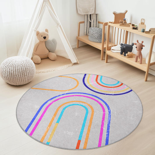 Colorful Rainbow Round Kids Rug, Playful Circle Carpet, Kids Room Decor, Soft Play Mat, Nursery Rug, Vibrant Children's Carpet
