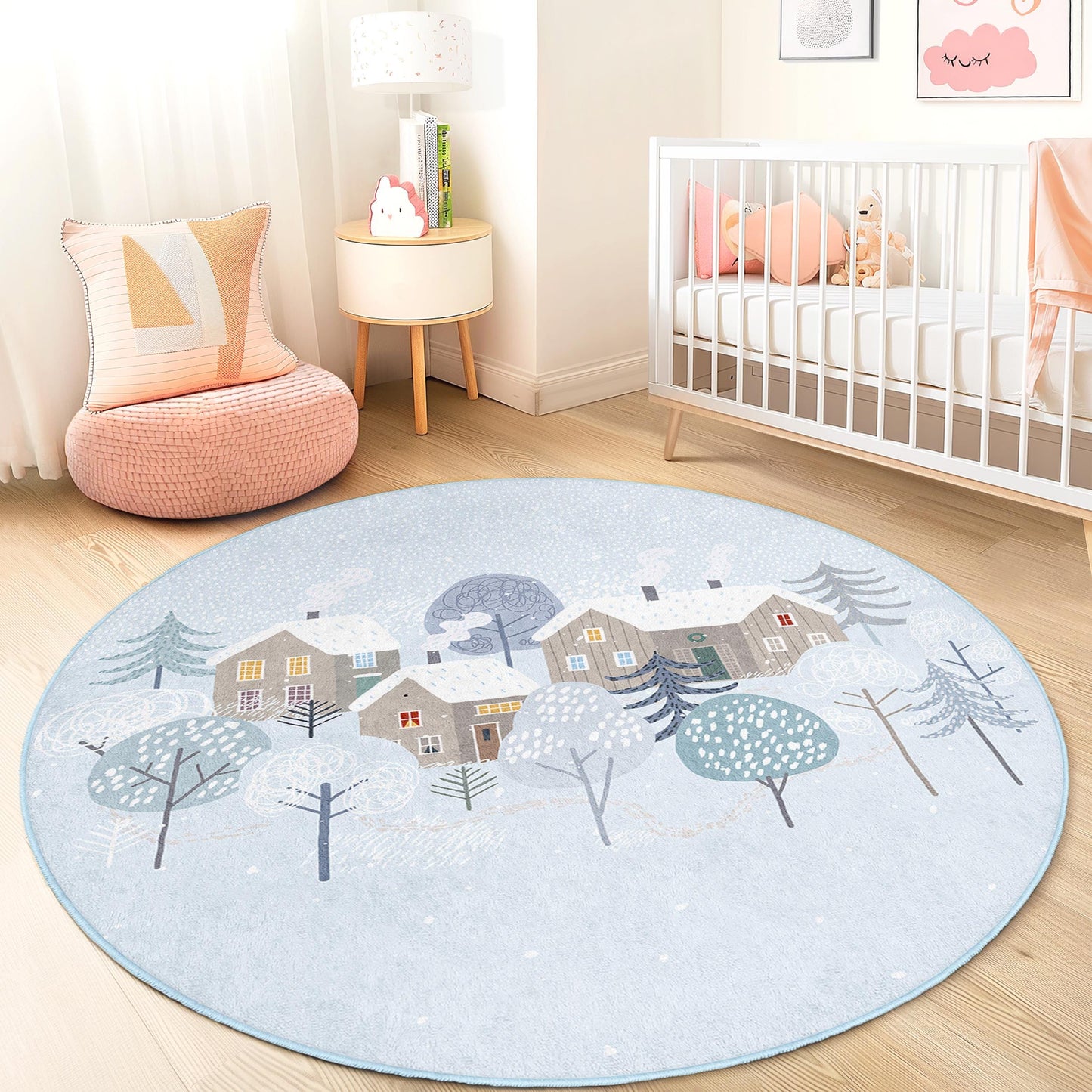 Winter Wonderland Round Kids Rug, Cozy Snowy Village Rug, Nursery Decor, Playroom Rug, Kids Room Carpet, Soft Round Rug