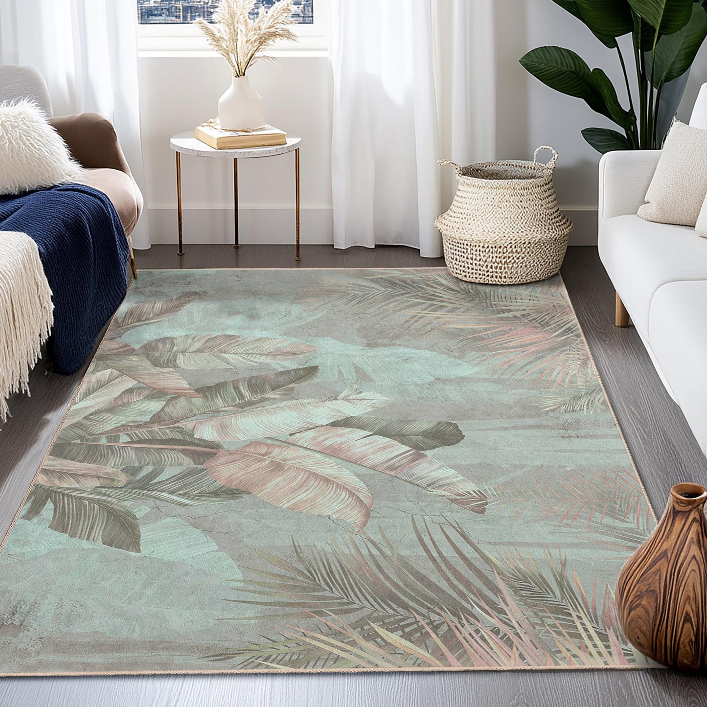 Rechteckiger Teppich mit botanischem Blattmuster | Weicher Baumwollteppich | Stilvolle Wohndekoration | Tropischer Indoor-Teppich