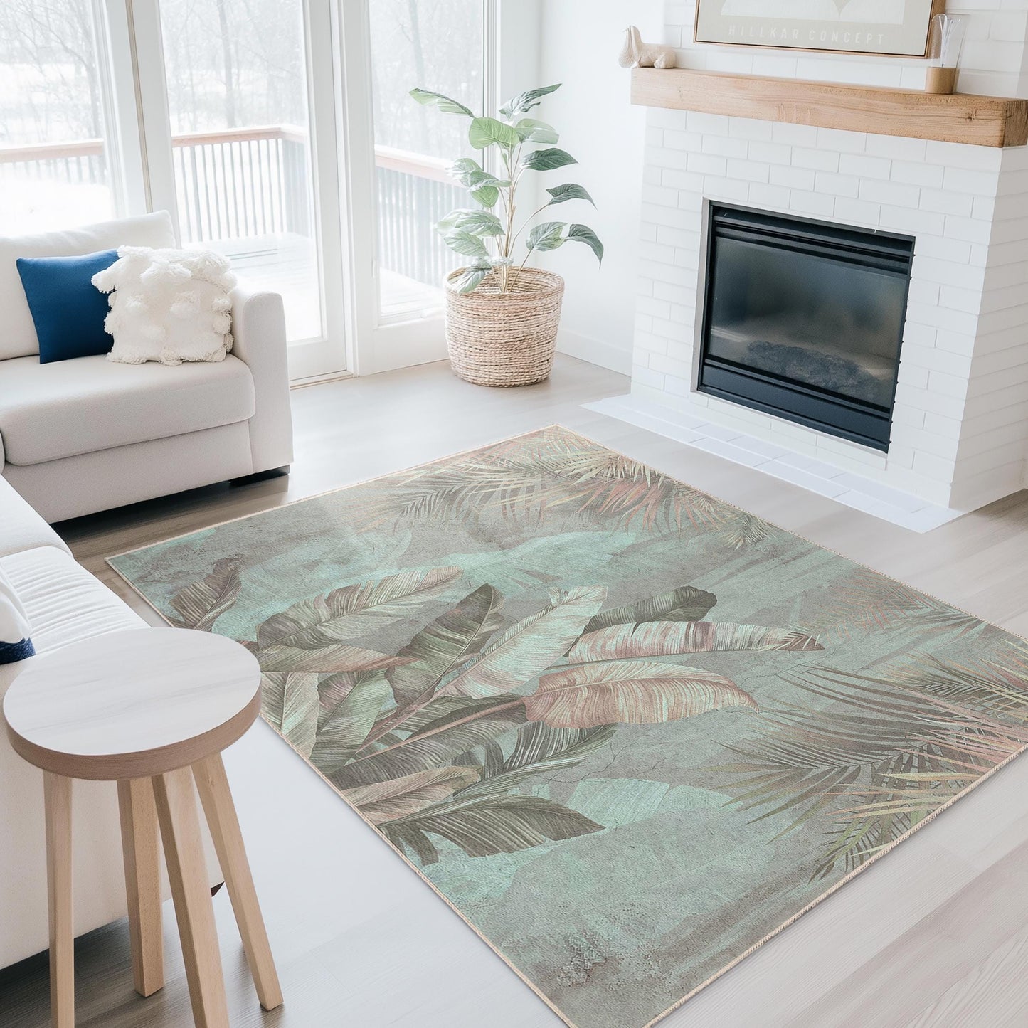 Rechteckiger Teppich mit botanischem Blattmuster | Weicher Baumwollteppich | Stilvolle Wohndekoration | Tropischer Indoor-Teppich