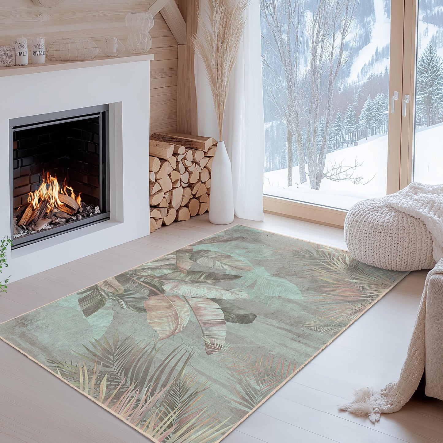 Rechteckiger Teppich mit botanischem Blattmuster | Weicher Baumwollteppich | Stilvolle Wohndekoration | Tropischer Indoor-Teppich