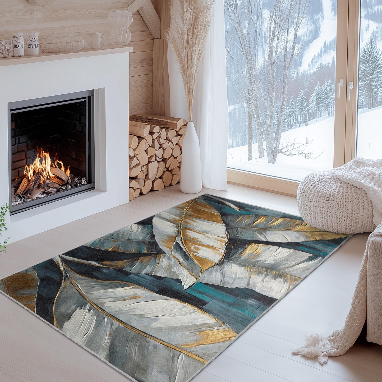 Rechteckiger Teppich mit Blattgoldmuster | Eleganter, einfarbiger Blattgoldteppich | Moderne Wohndekoration | Stilvolle Wohnzimmermatte