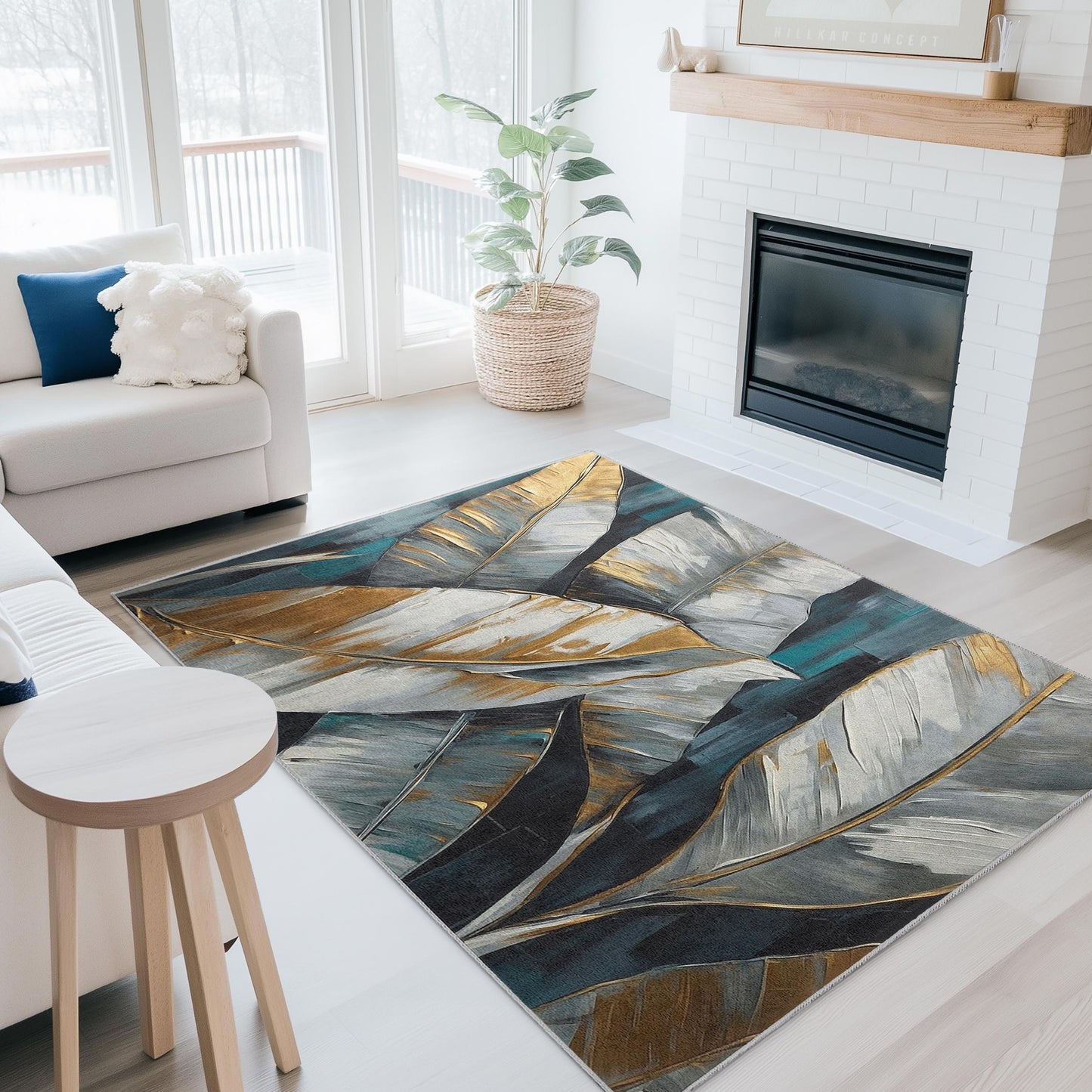 Rechteckiger Teppich mit Blattgoldmuster | Eleganter, einfarbiger Blattgoldteppich | Moderne Wohndekoration | Stilvolle Wohnzimmermatte