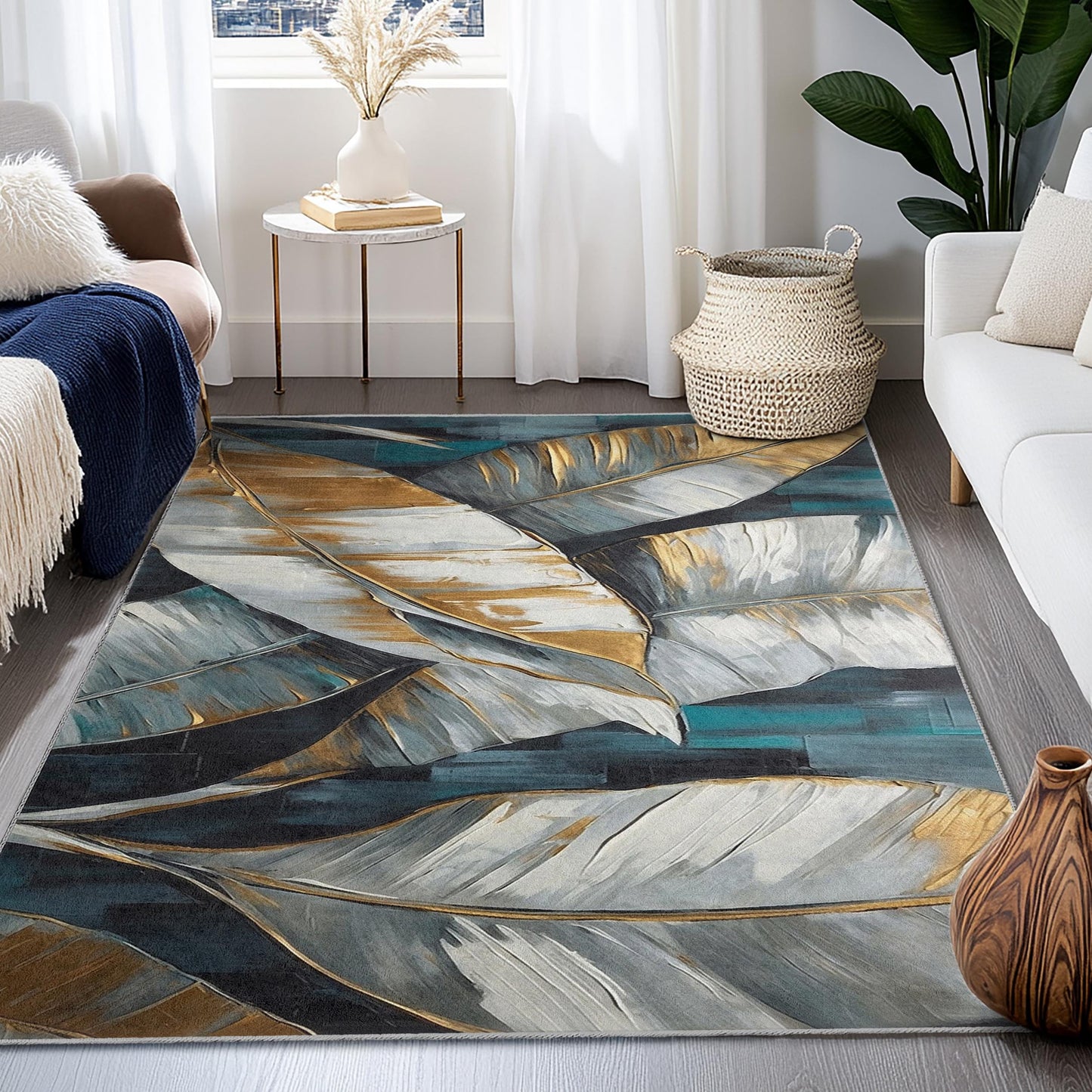 Rechteckiger Teppich mit Blattgoldmuster | Eleganter, einfarbiger Blattgoldteppich | Moderne Wohndekoration | Stilvolle Wohnzimmermatte