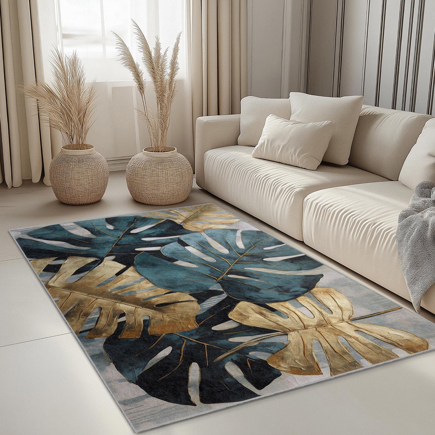Rechteckiger Teppich mit tropischem Monstera-Blättermuster | Elegantes Design in Gold und Türkis | Moderner Wohnzimmerteppich | Stilvolle Wohnaccessoires
