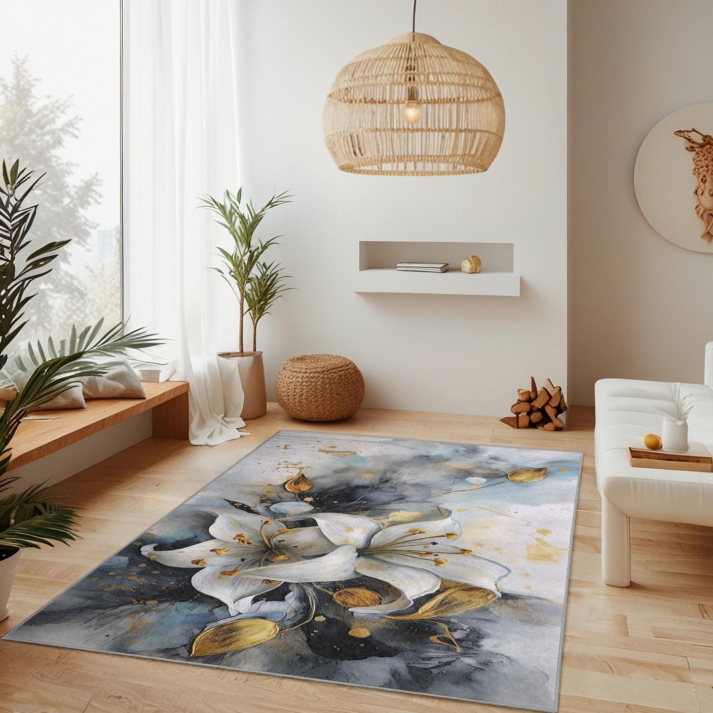Eleganter rechteckiger Teppich mit Blumenmuster | Luxuriöses Design mit weißen Lilien | Moderner Wohnteppich | Weicher und waschbarer Teppich