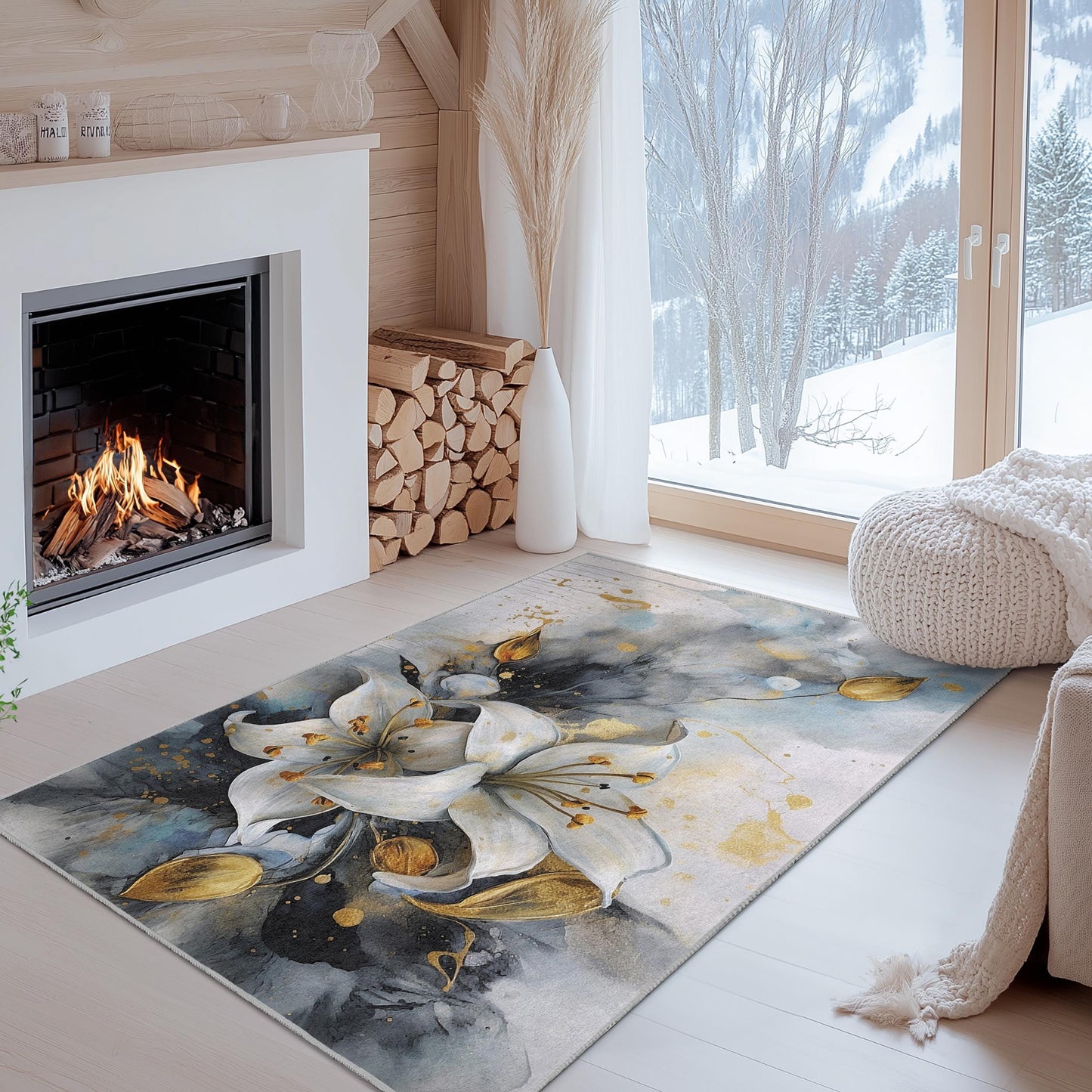 Eleganter rechteckiger Teppich mit Blumenmuster | Luxuriöses Design mit weißen Lilien | Moderner Wohnteppich | Weicher und waschbarer Teppich