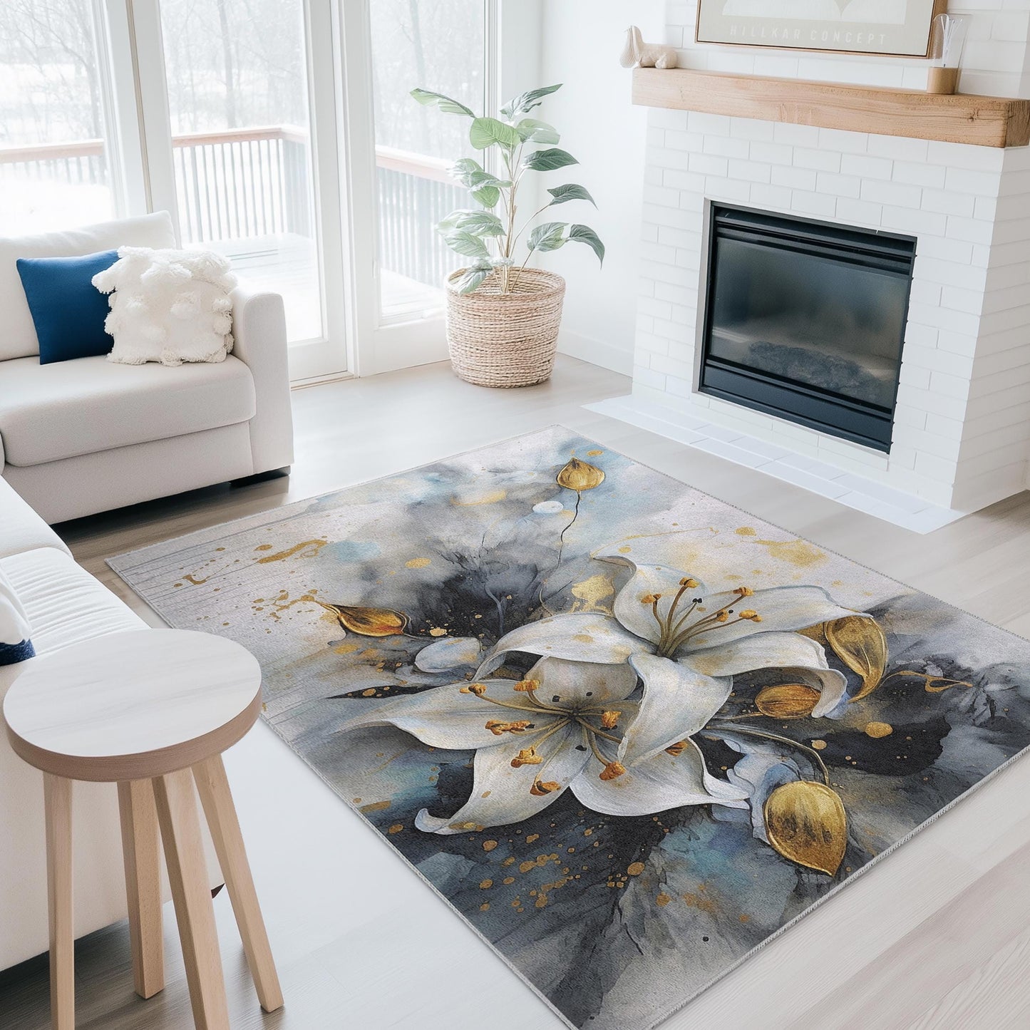 Eleganter rechteckiger Teppich mit Blumenmuster | Luxuriöses Design mit weißen Lilien | Moderner Wohnteppich | Weicher und waschbarer Teppich