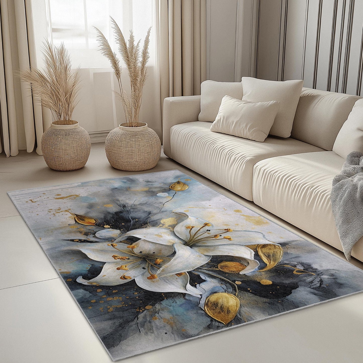 Eleganter rechteckiger Teppich mit Blumenmuster | Luxuriöses Design mit weißen Lilien | Moderner Wohnteppich | Weicher und waschbarer Teppich