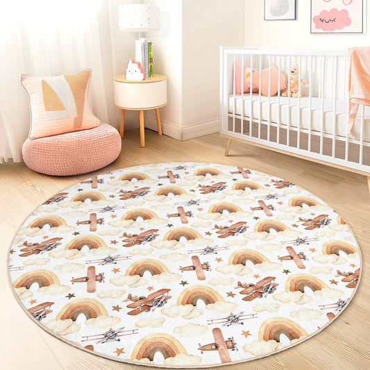 Vintage Airplane Rainbow Kids Rug, Round Playroom Carpet, Nursery Decor, Cloud Pattern Area Rug, Toddler Room Play Mat