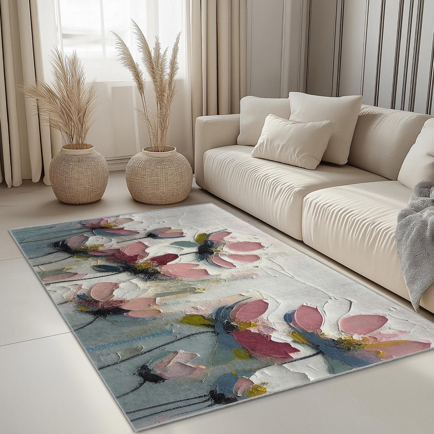 Teppich mit lebendigem Blumenmuster | Rechteckiger Teppich im impressionistischen Blumenstil | Weiche Baumwollmatte für Zuhause | Elegante Fußmatte für den Innenbereich