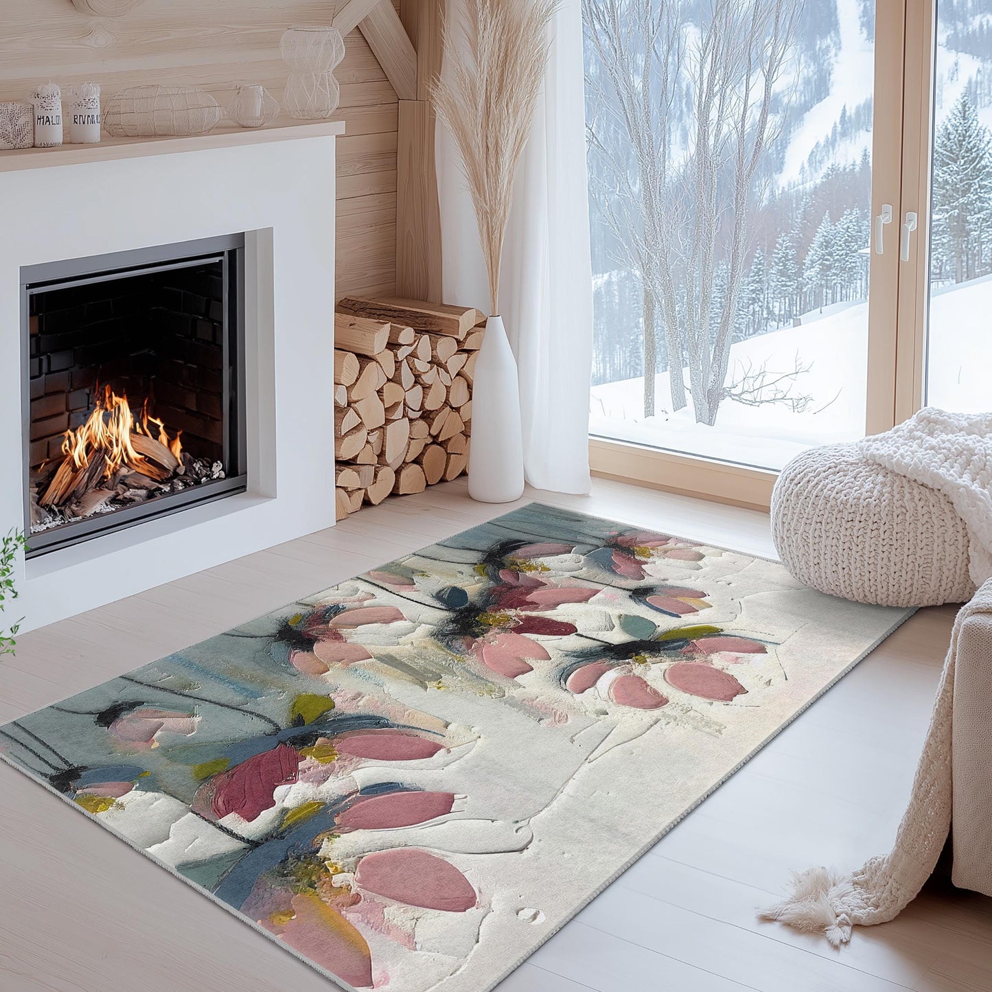Teppich mit lebendigem Blumenmuster | Rechteckiger Teppich im impressionistischen Blumenstil | Weiche Baumwollmatte für Zuhause | Elegante Fußmatte für den Innenbereich