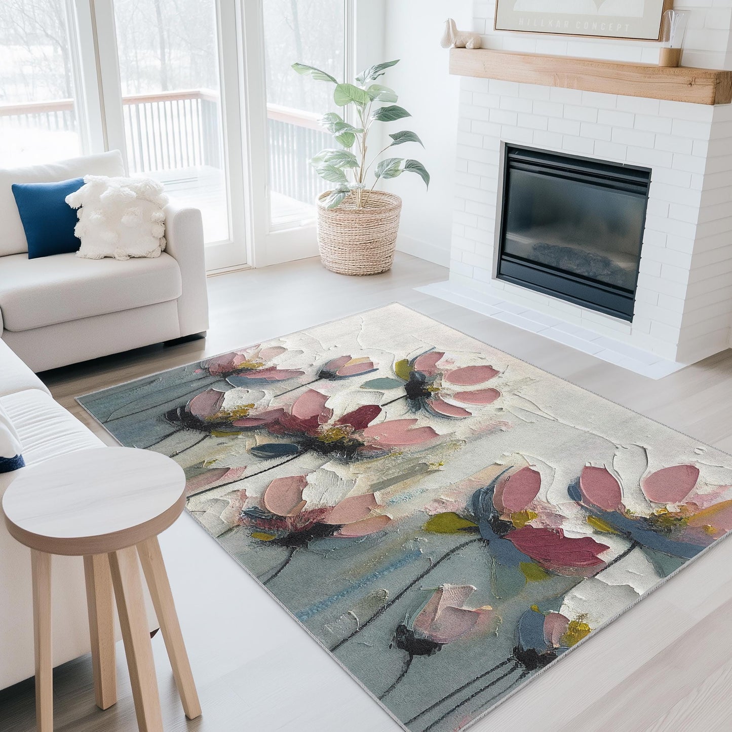 Teppich mit lebendigem Blumenmuster | Rechteckiger Teppich im impressionistischen Blumenstil | Weiche Baumwollmatte für Zuhause | Elegante Fußmatte für den Innenbereich