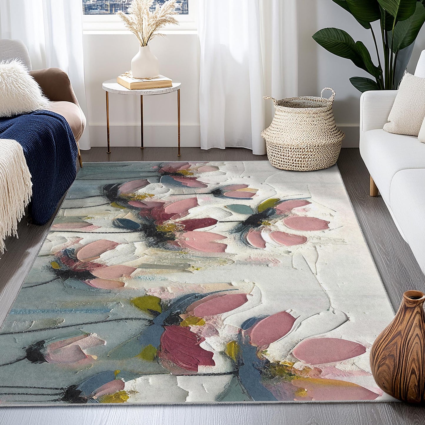 Teppich mit lebendigem Blumenmuster | Rechteckiger Teppich im impressionistischen Blumenstil | Weiche Baumwollmatte für Zuhause | Elegante Fußmatte für den Innenbereich