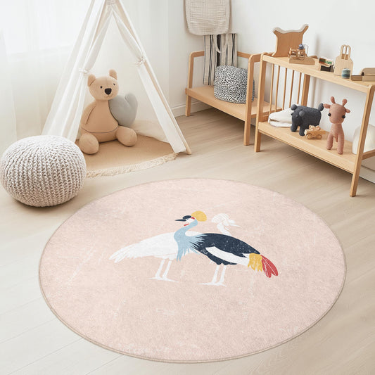Colorful Round Crane Bird Kids Rug, Nursery Decor, Soft Play Mat for Baby Room, Round Carpet for Kids, Playroom Area Rug