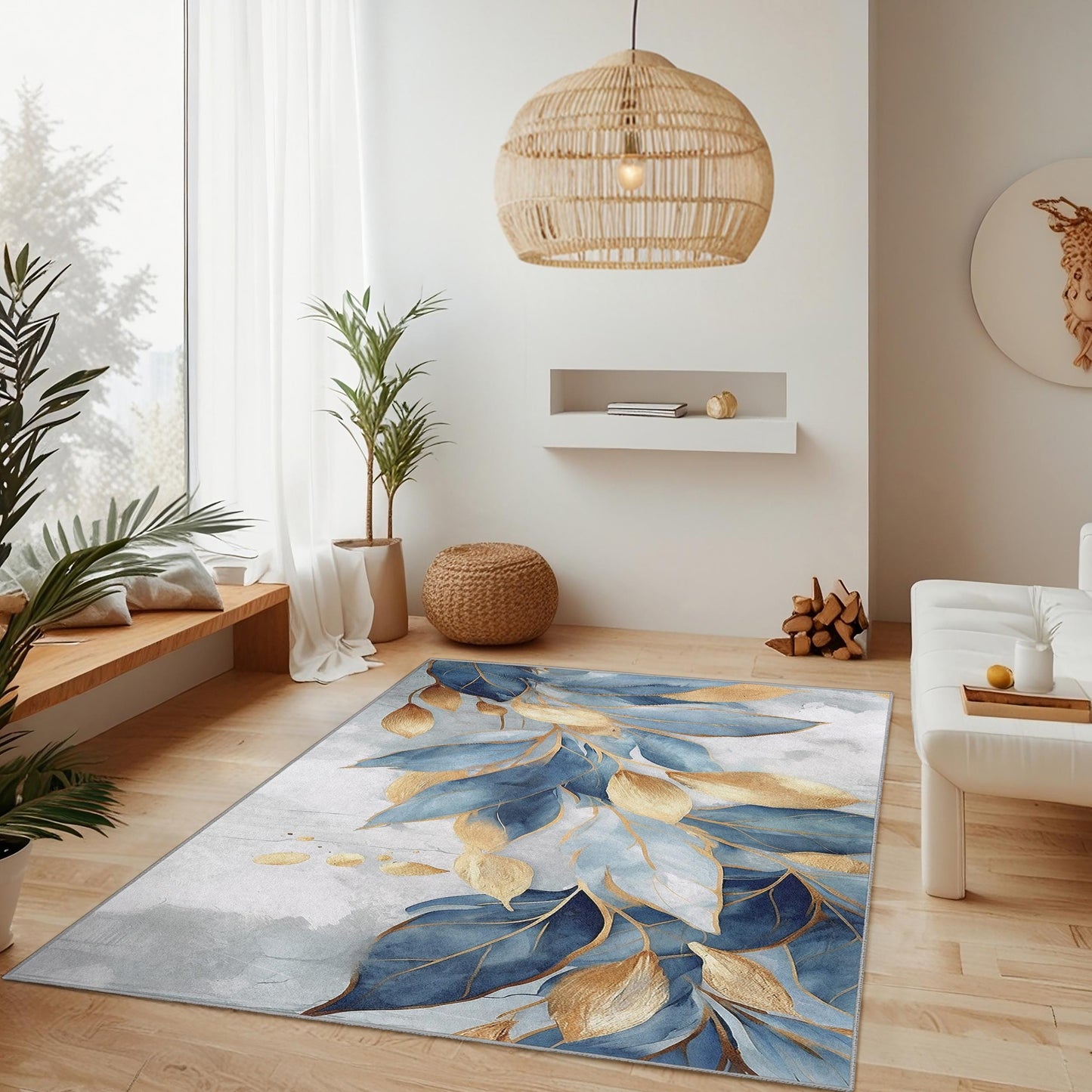Moderner abstrakter Teppich | Eleganter rechteckiger Teppich mit blauem und goldenem Blattmuster | Weich und waschbar