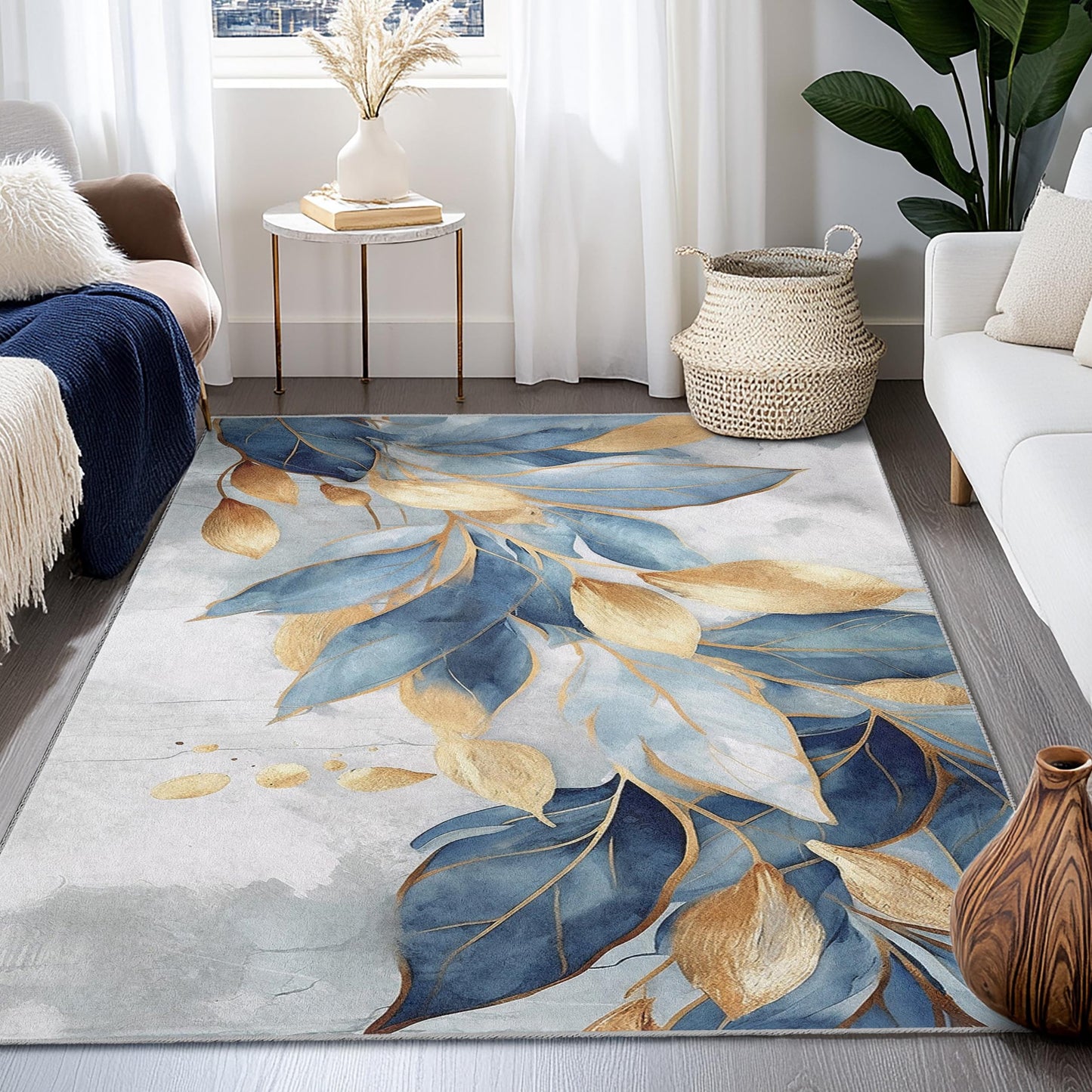 Moderner abstrakter Teppich | Eleganter rechteckiger Teppich mit blauem und goldenem Blattmuster | Weich und waschbar