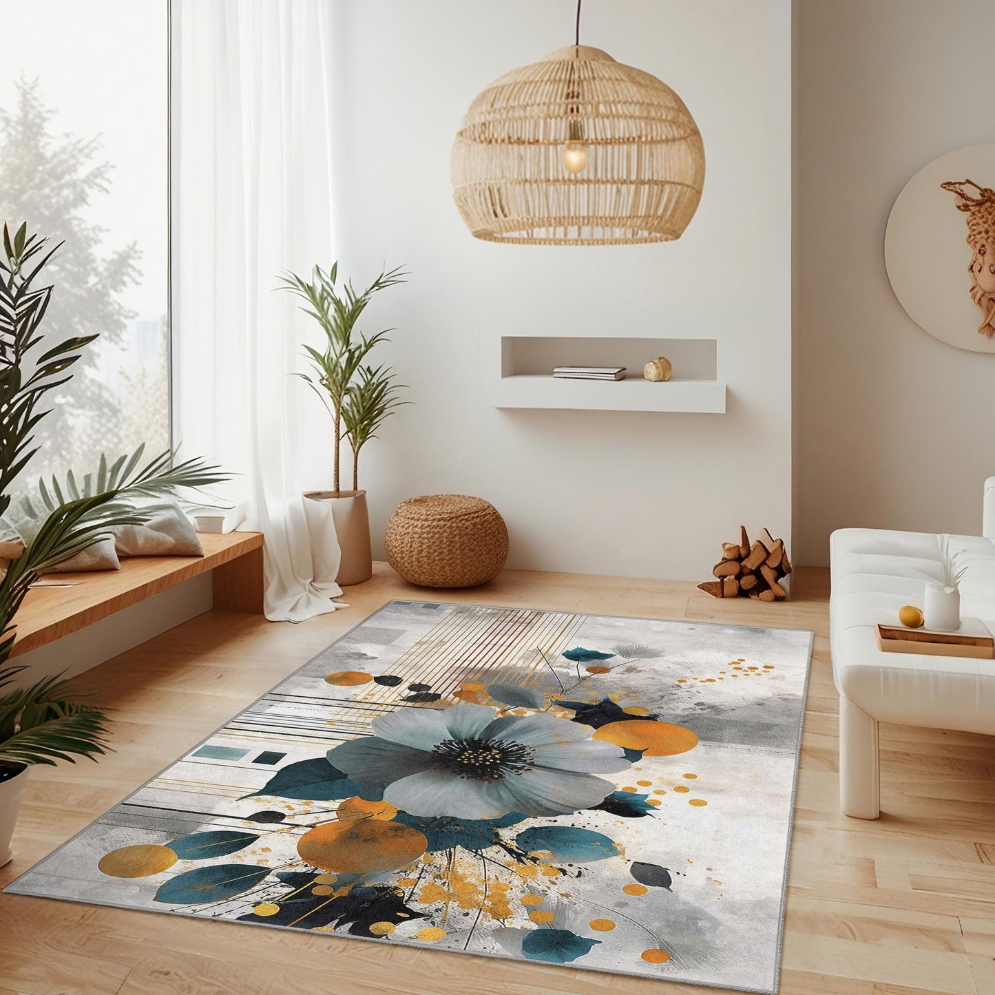 Rechteckiger Teppich mit abstraktem Blumenmuster | Moderner Wohnteppich | Stilvoller Wohnzimmerteppich | Eleganter Teppich mit Blumendruck