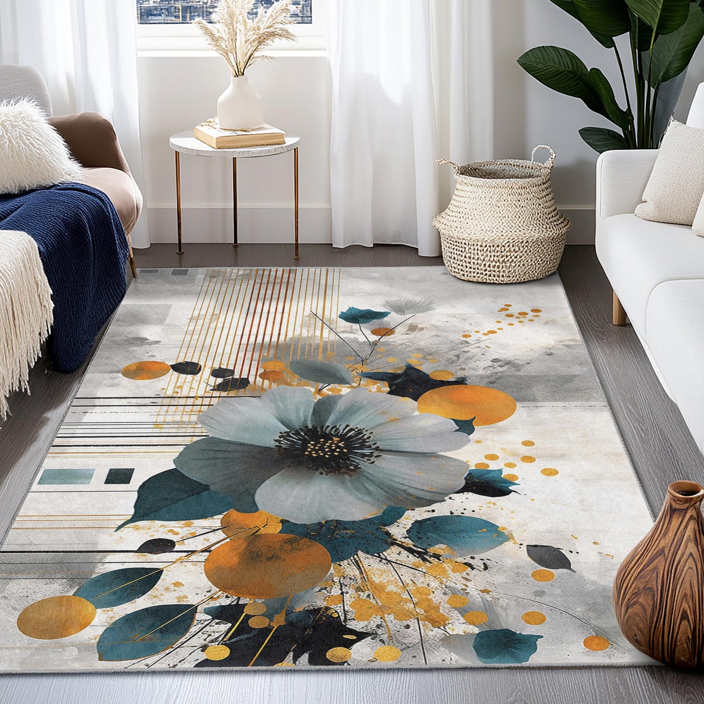 Rechteckiger Teppich mit abstraktem Blumenmuster | Moderner Wohnteppich | Stilvoller Wohnzimmerteppich | Eleganter Teppich mit Blumendruck