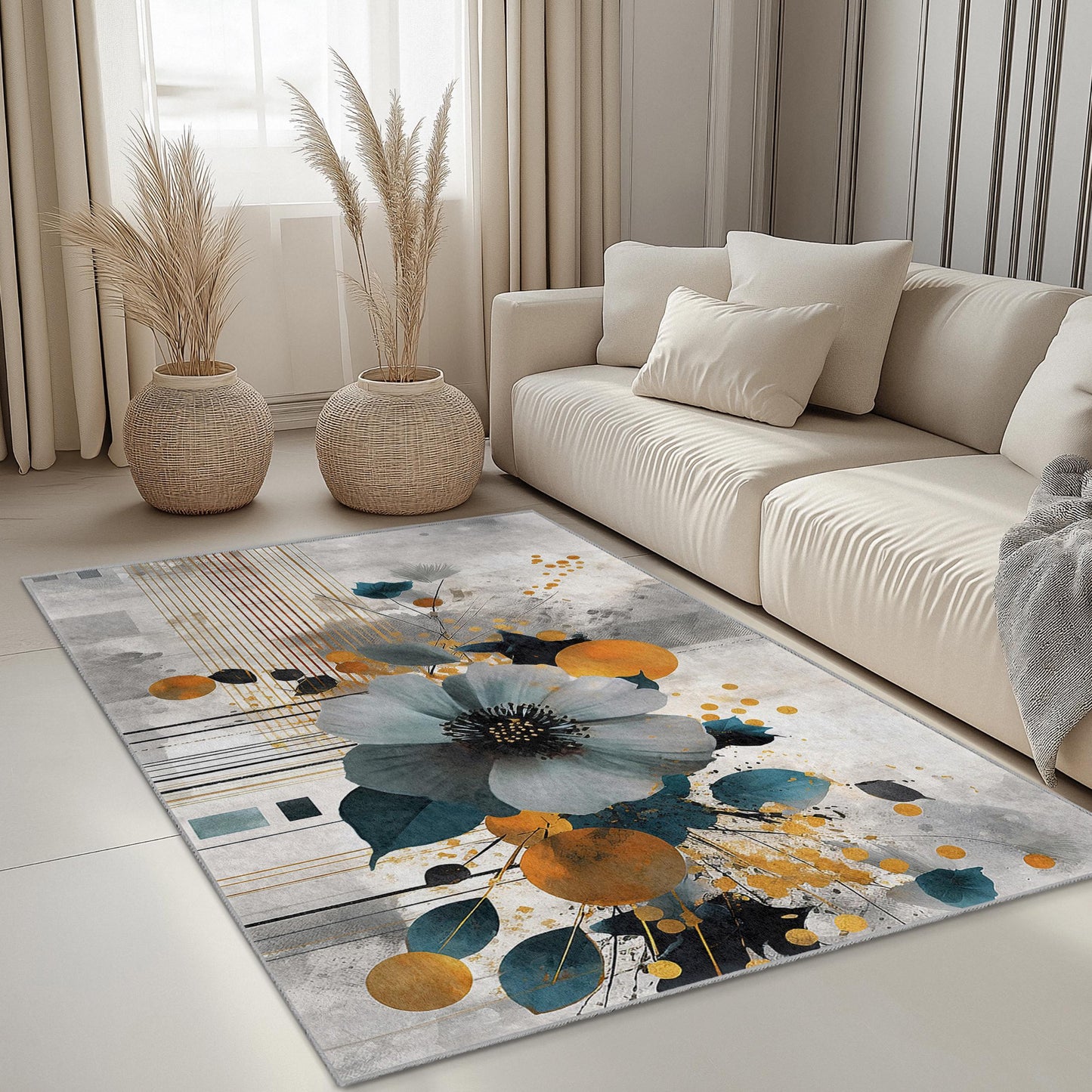Rechteckiger Teppich mit abstraktem Blumenmuster | Moderner Wohnteppich | Stilvoller Wohnzimmerteppich | Eleganter Teppich mit Blumendruck