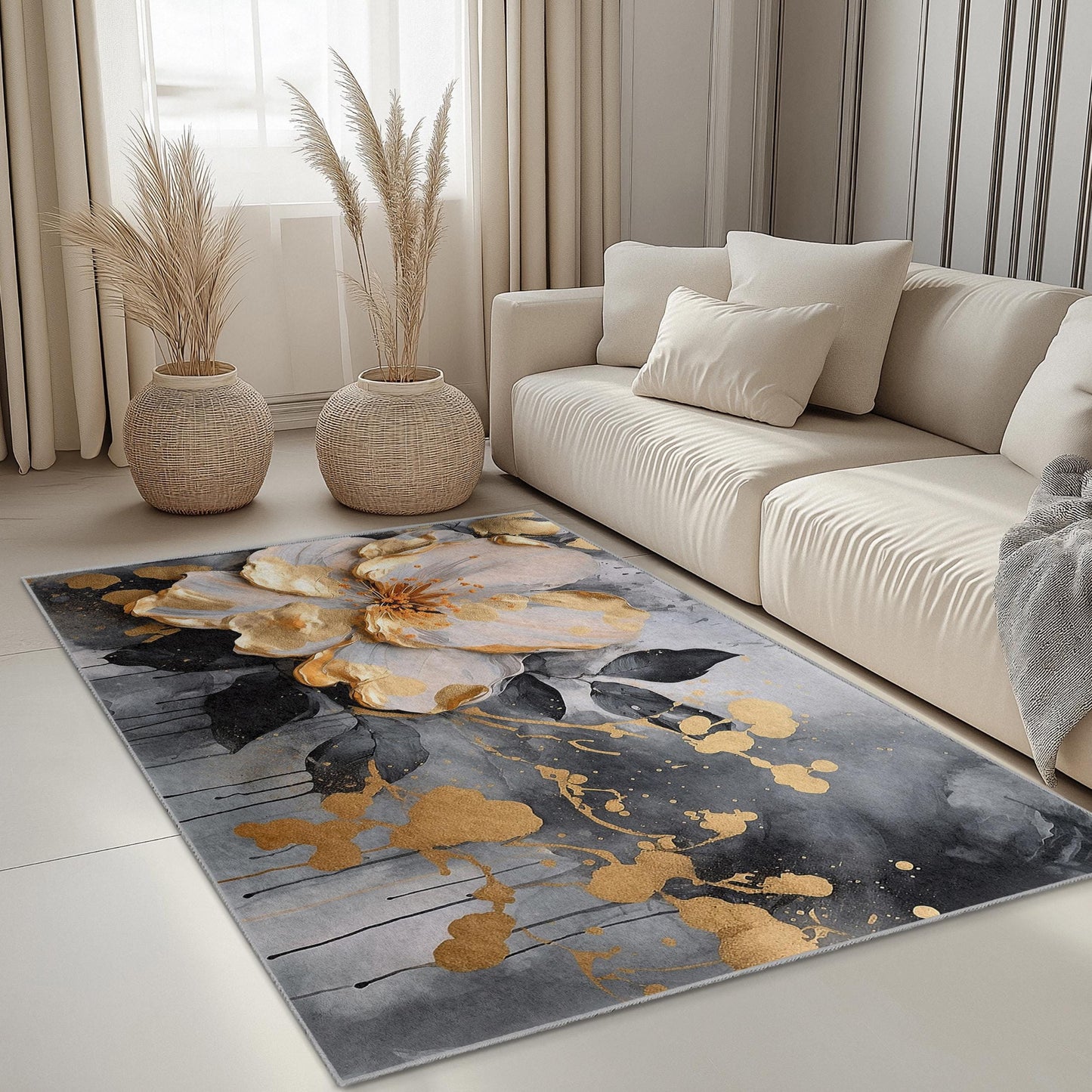 Goldenes und schwarzes Blumenmuster | Eleganter rechteckiger Teppich mit floralem Motiv | Dekorativer Teppich für Wohn- oder Schlafzimmer
