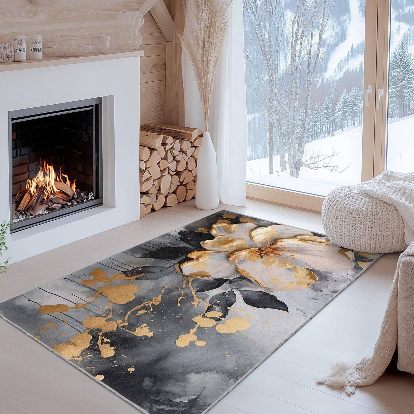 Goldenes und schwarzes Blumenmuster | Eleganter rechteckiger Teppich mit floralem Motiv | Dekorativer Teppich für Wohn- oder Schlafzimmer