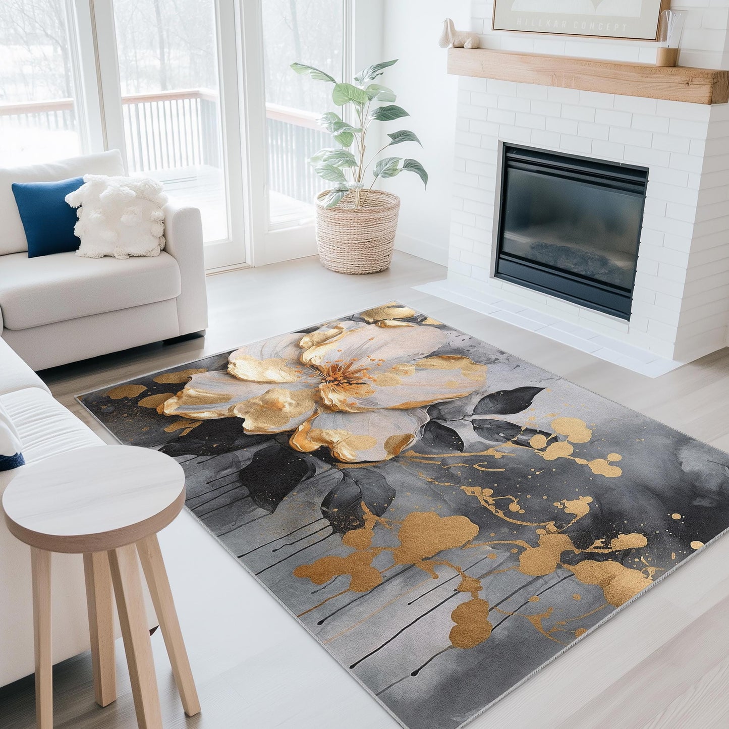 Goldenes und schwarzes Blumenmuster | Eleganter rechteckiger Teppich mit floralem Motiv | Dekorativer Teppich für Wohn- oder Schlafzimmer