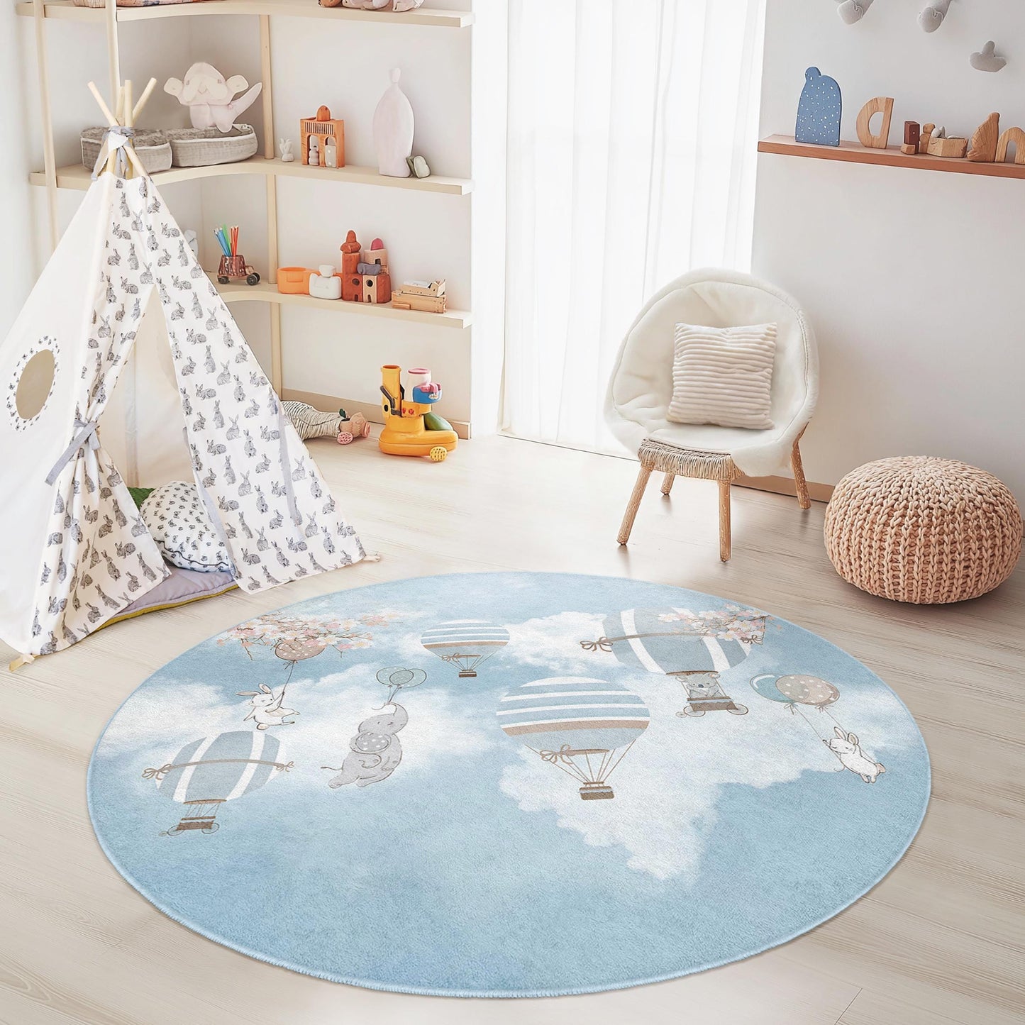 Hot Air Balloon Kids Round Rug, Nursery Room Decor, Soft Play Mat for Children, Cute Cartoon Rug, Baby Room Flooring
