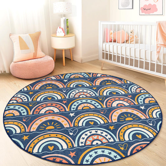 Colorful Round Rainbow Play Rug, Kids Room Decor, Round Carpet for Playroom, Nursery Rainbow Rug, Soft Play Mat for Kids