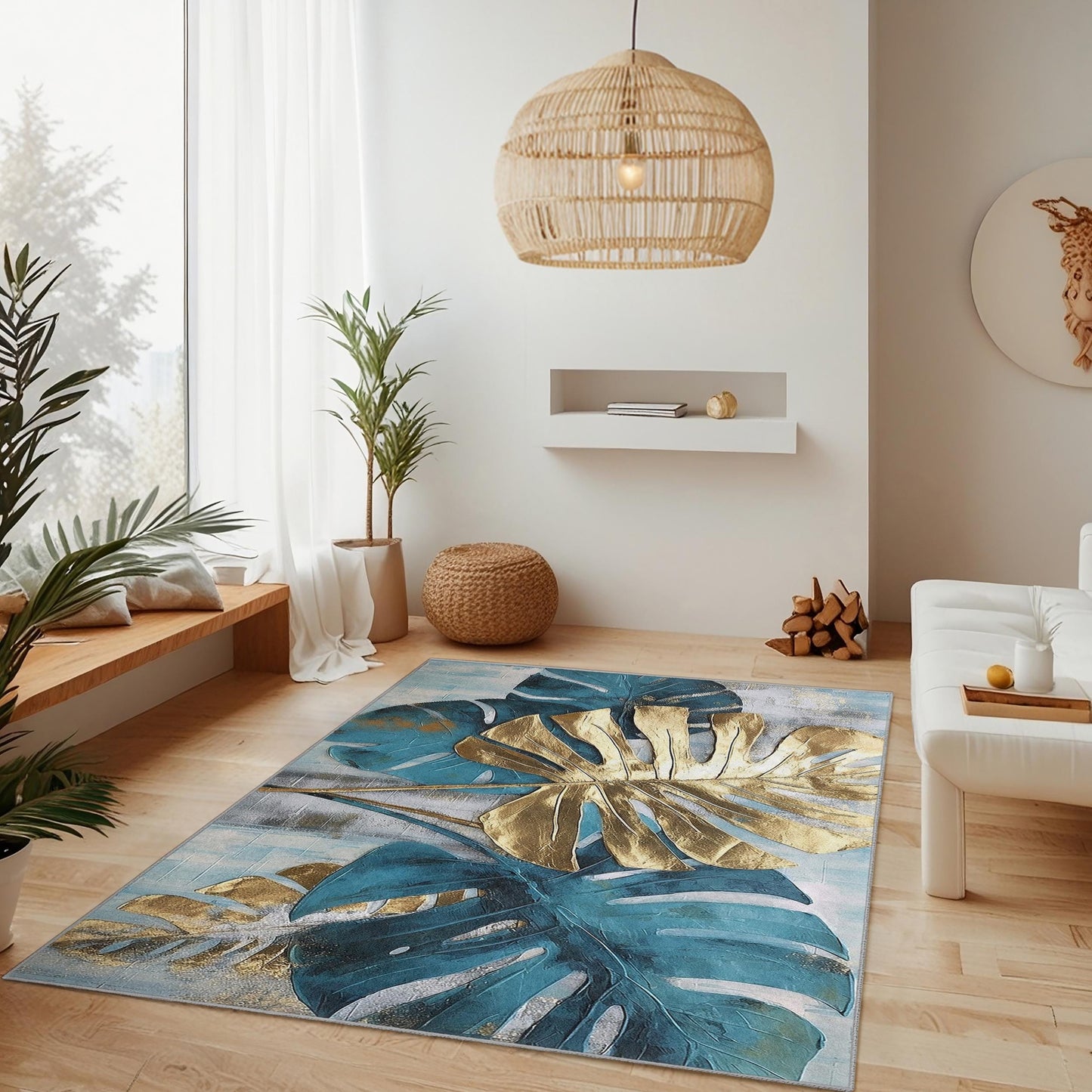 Runder Teppich mit tropischem Monstera-Blatt | Stilvolle Boho-Deko fürs Wohnzimmer | Weicher, waschbarer Teppich | Elegantes Wohnaccessoire